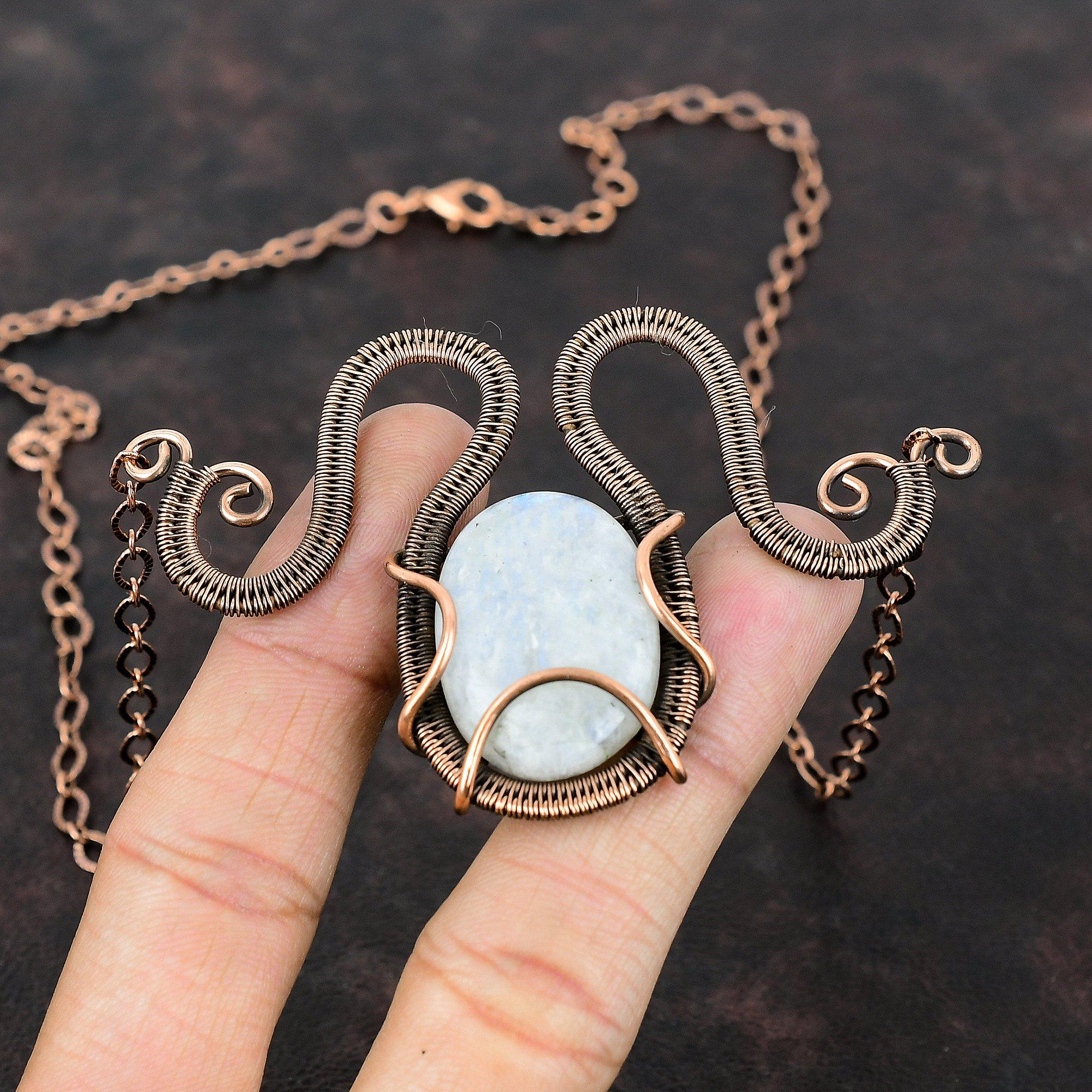 Радужный лунный камень драгоценный камень ожерелье медная проволока обернутое ожерелье ручной работы изящные медные украшения регулируемое ожерелье уникальное ожерелье для подарка