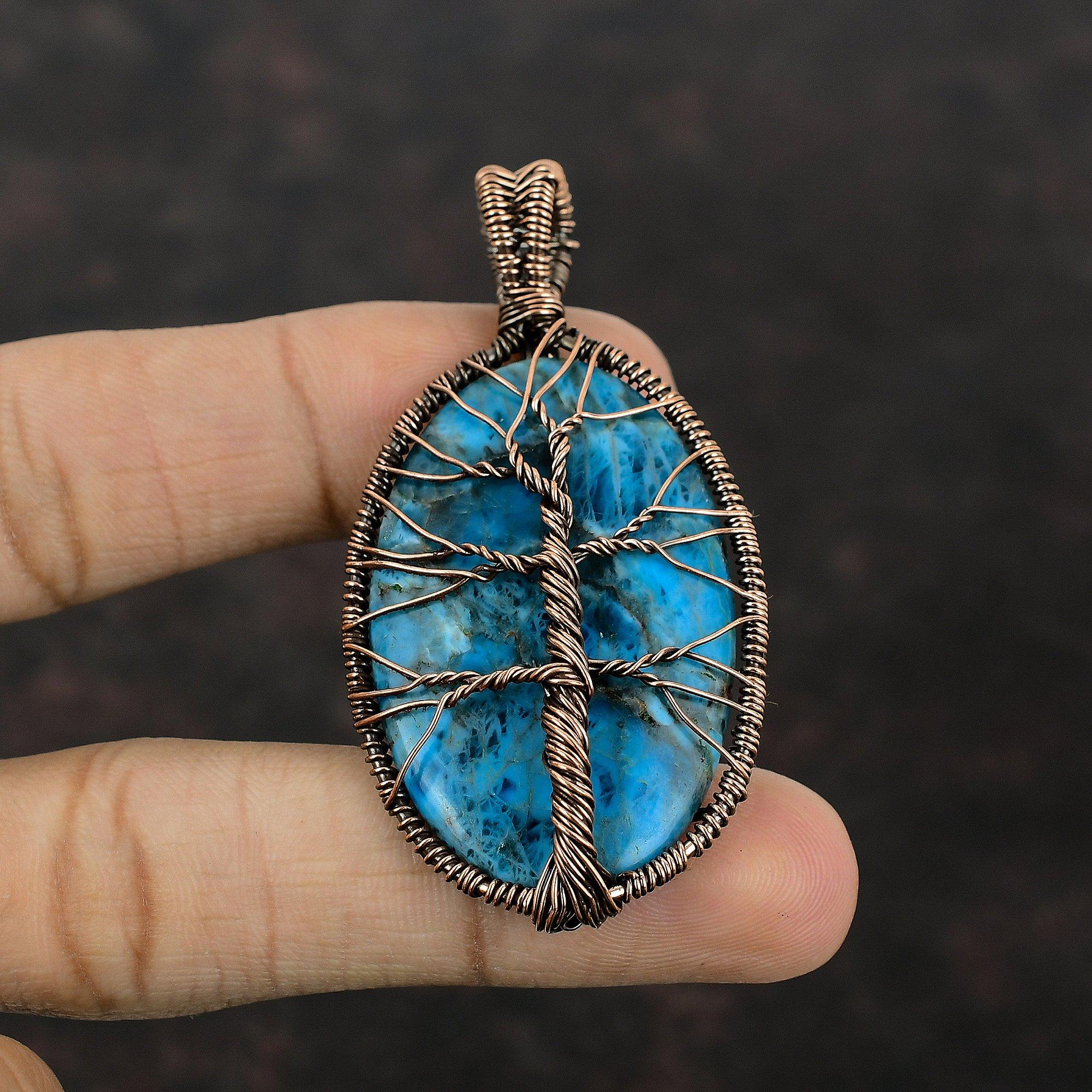 Tree Of Life Neon Apatite Copper Pendant Wire Wrapped Gemstone Pendant Copper Jewelry Handmade Pendant Tree Of Life Jewelry Gift For Mother