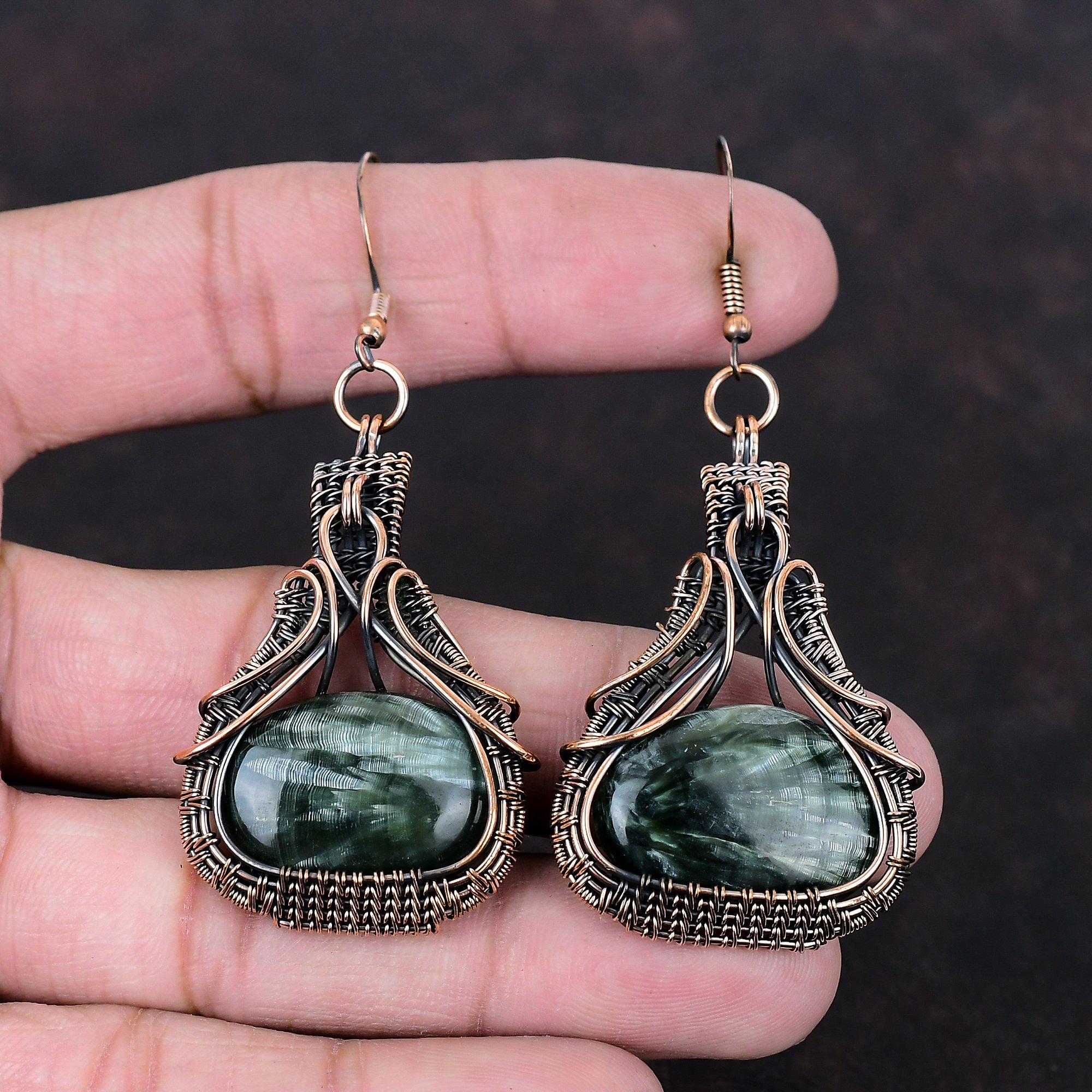 Серьги с драгоценным камнем из серафинита, серьги из медной проволоки, серьги ручной работы, медные украшения, висячие серьги, подарок для матери, ювелирные изделия из проволоки
