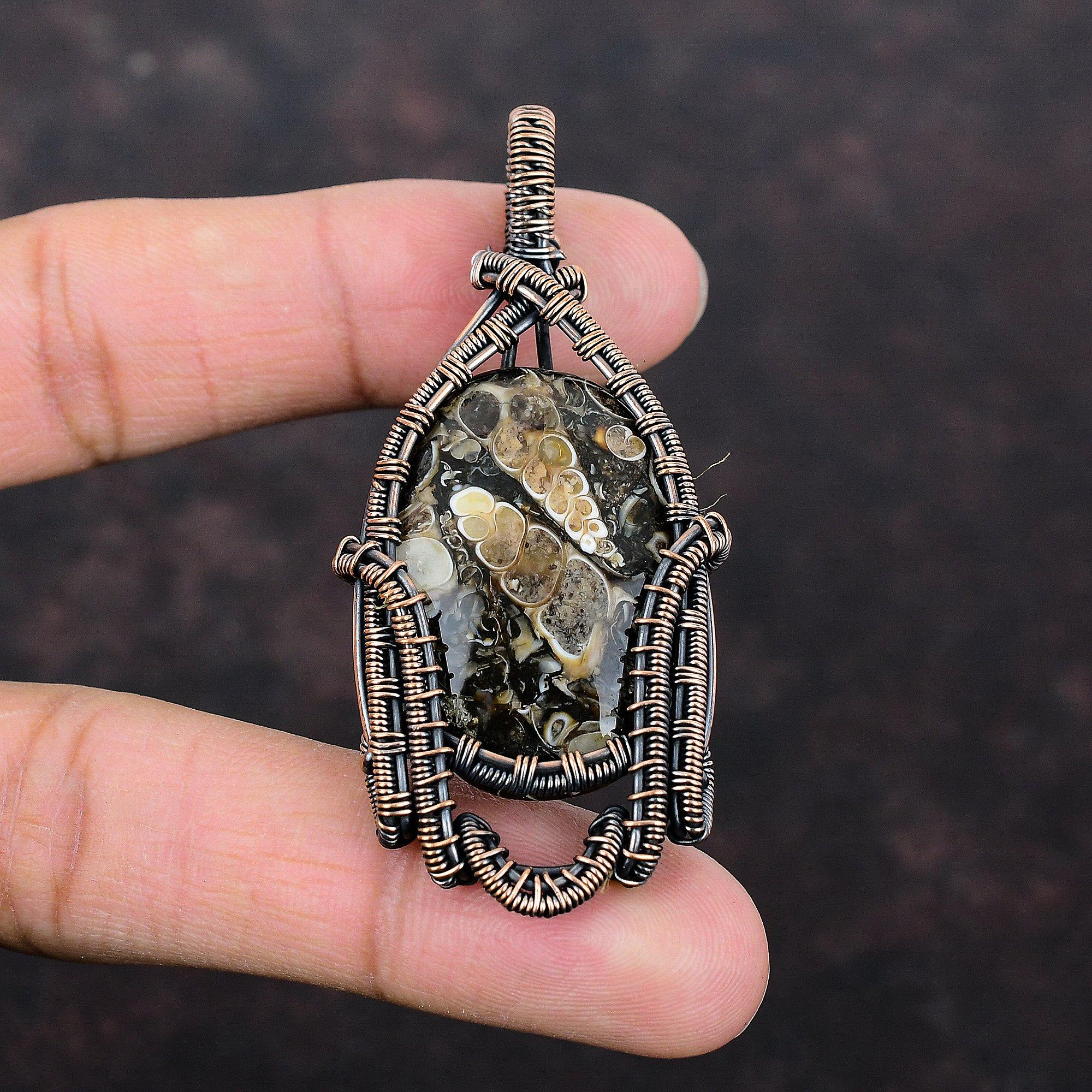 Turritella Agate Pendant Copper Wire Wrapped Pendant Gemstone Pendant Gift For Her Handmade Women Jewelry Wedding Gift Wrapped Stone Pendant