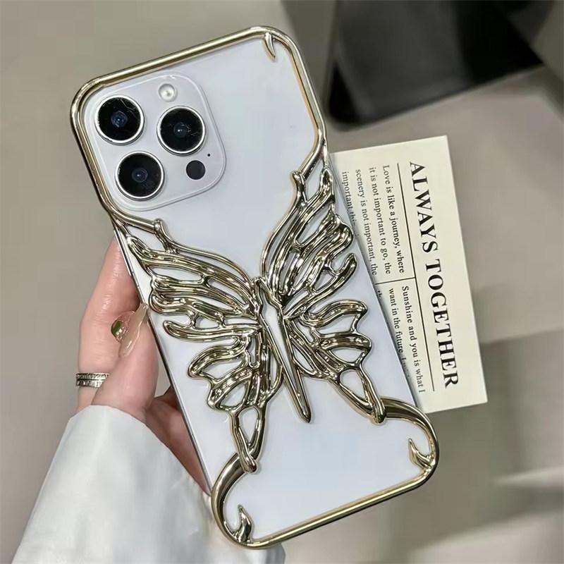 3D Чехол для телефона с полым узором бабочки для отвода тепла для iPhone 17 Air 16 15 14 13 12 11 Pro Max Plus Гальванизированная жесткая задняя крышка