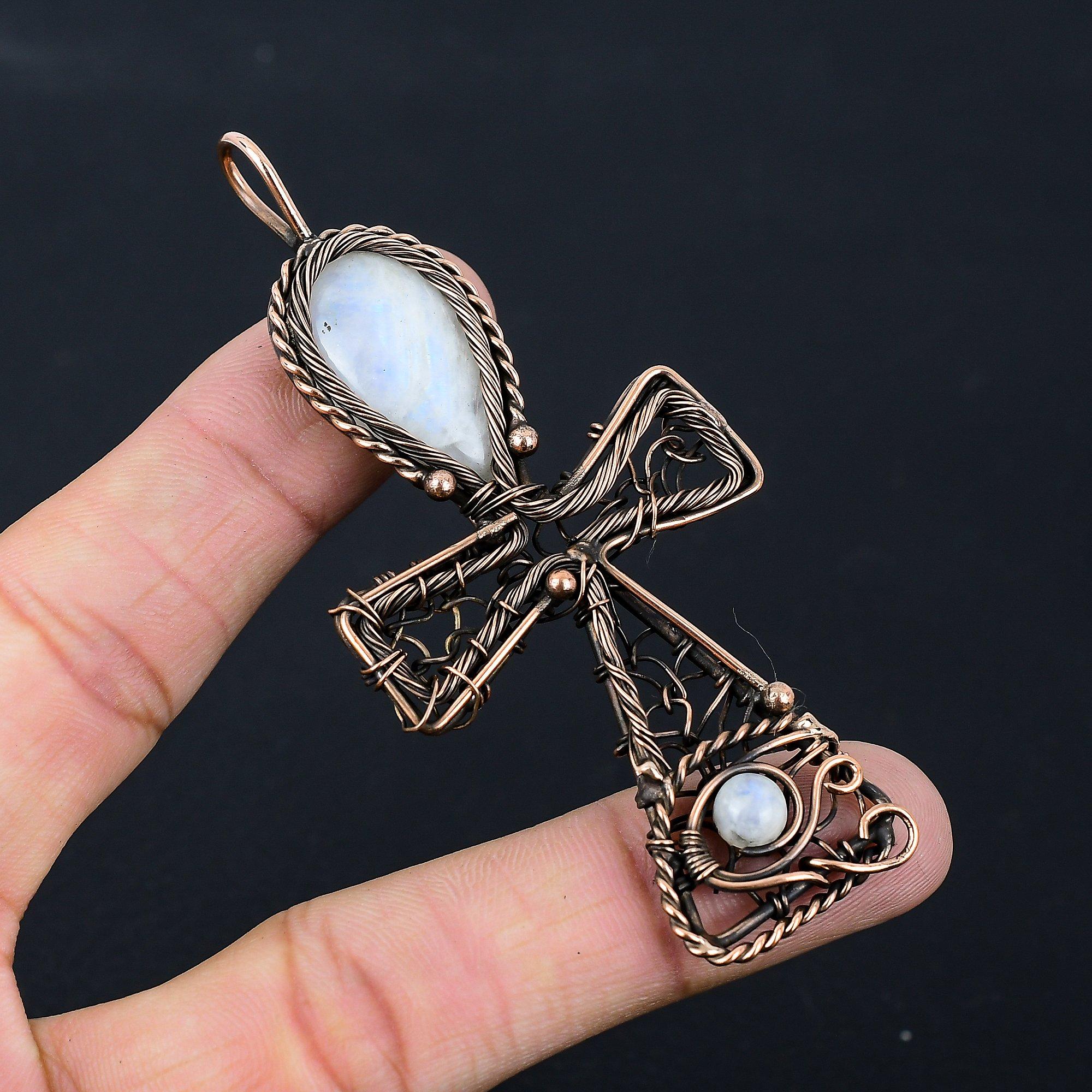 Лунный камень, драгоценный камень, чистая медная проволока, обернутая вручную подвеска Анк, ювелирные изделия