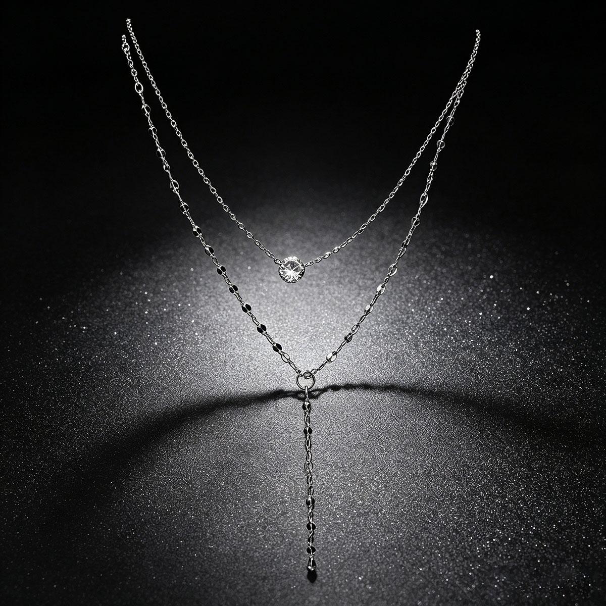 New Women's Tear of Beauty Sparkle Necklace, Lip-shaped Fish Mouth Y Tassel Double Layer Stacking Sweater Chain Accessory