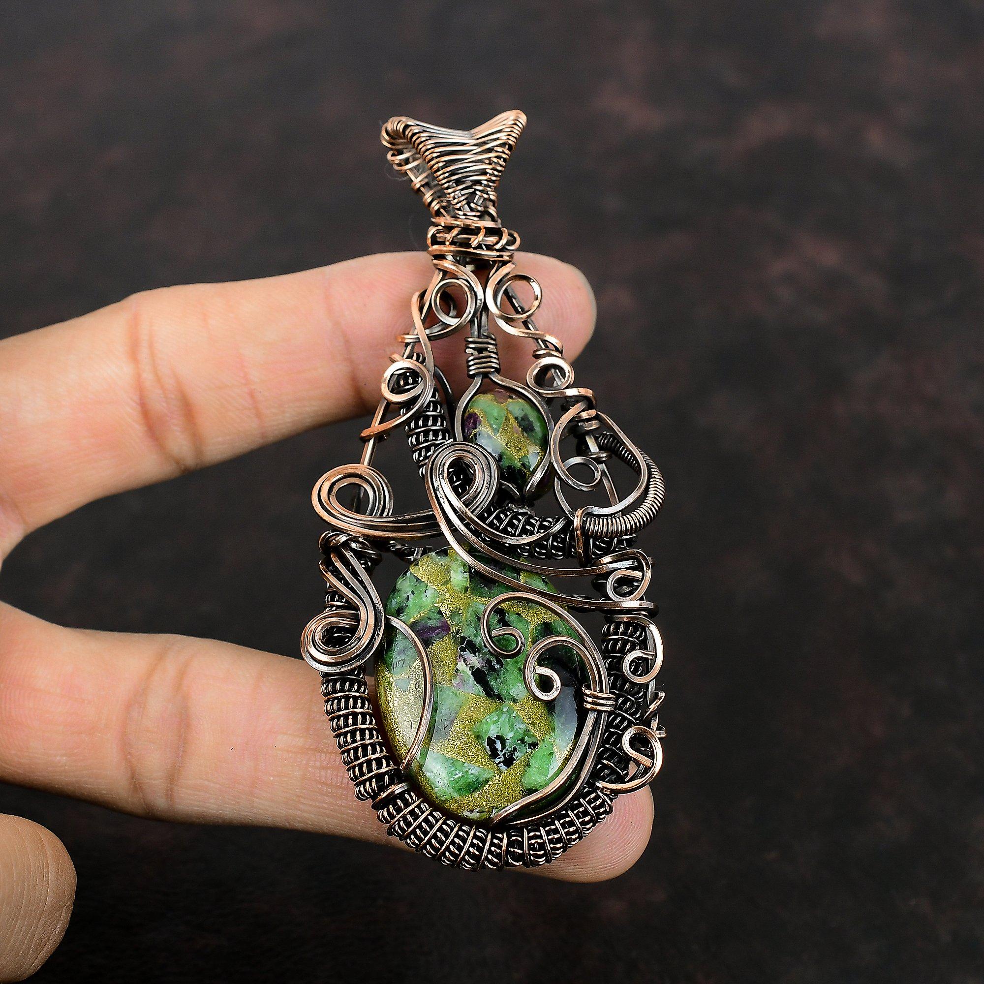 Подвеска из медного рубина и цоизита, подвеска из медной проволоки, подвеска ручной работы, медные украшения, уникальный кулон, настоящие драгоценные камни, подарок для мамы