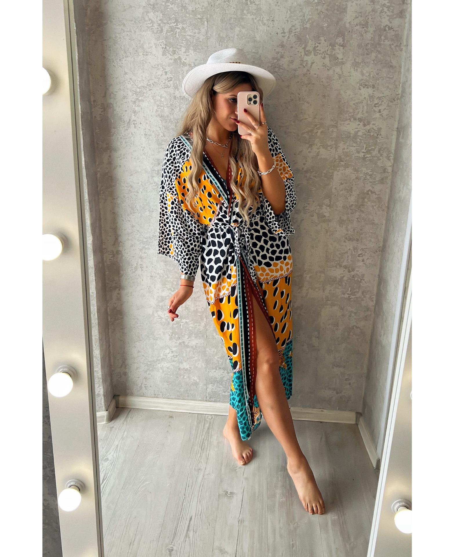 EDOLYNSA Boho Printed Kimono Dress Tunic Women Summer Clothes Plus Size Long Sleeve Bikini Wrap Dress Beach Wear Swim Suit Cover Up Q1414