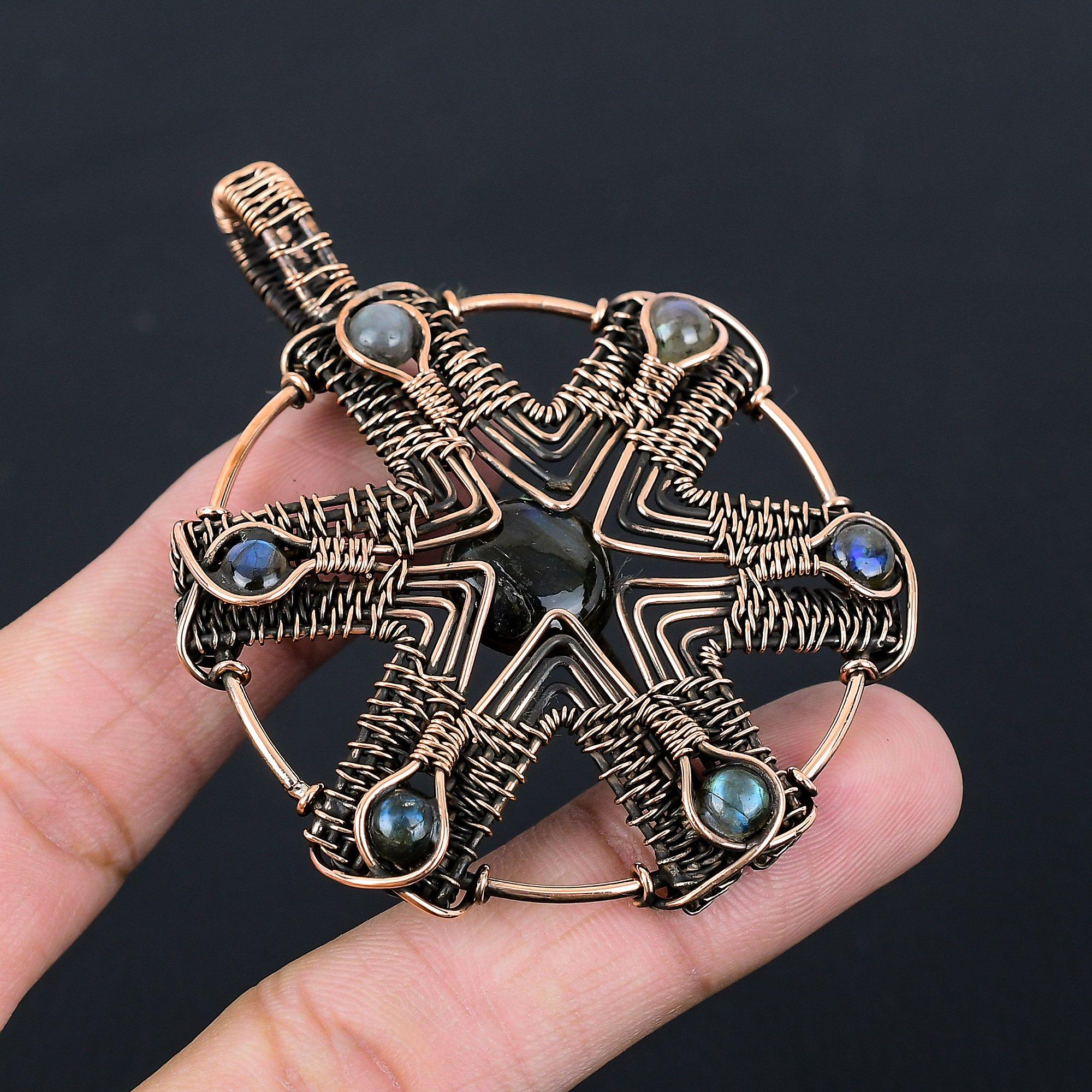 Лабрадорит Драгоценный камень Чистая медная проволока Обернутая ювелирная подвеска ручной работы