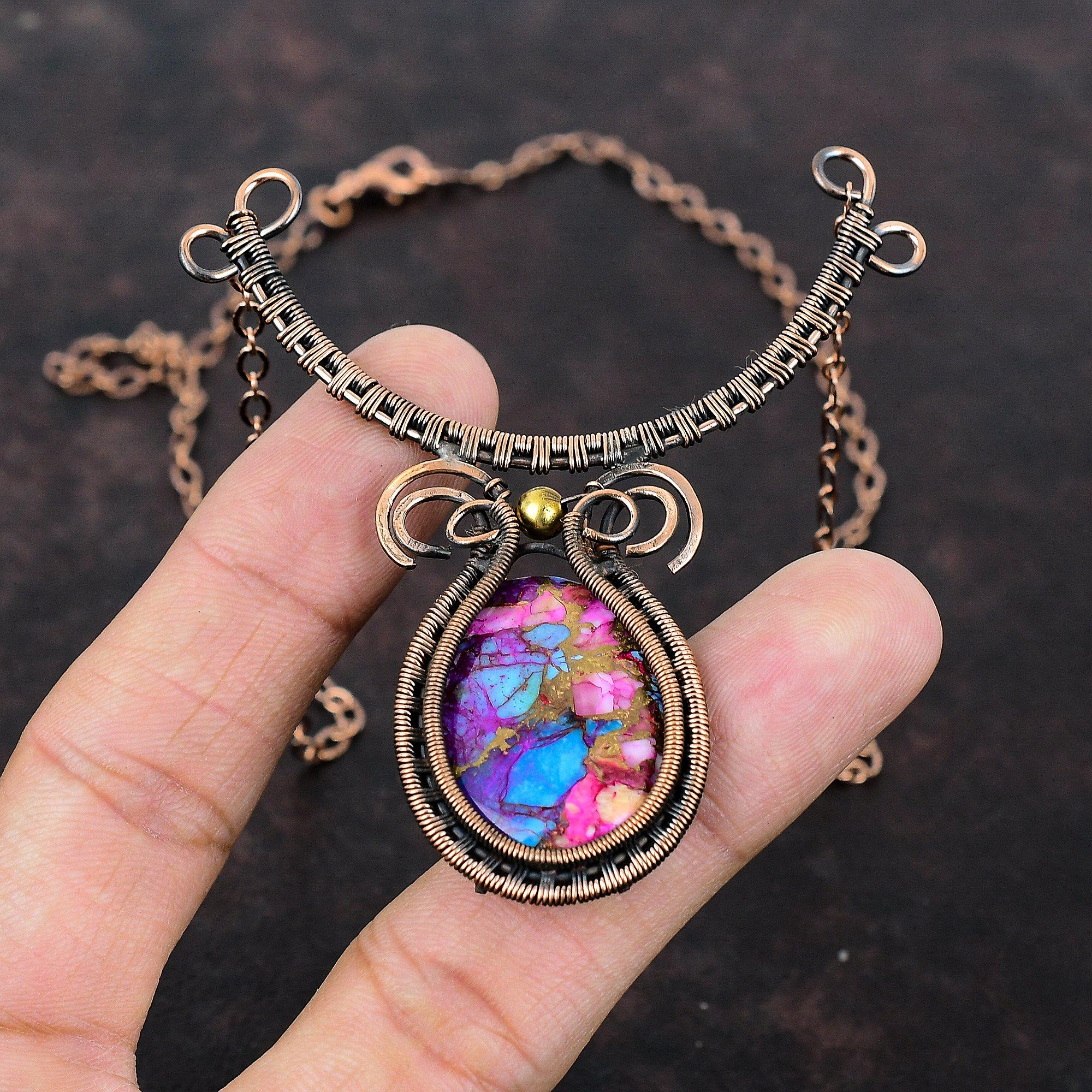 Натуральный Kingman Розовый георгин Бирюзовое ожерелье Медная проволока Ожерелье Ювелирные изделия из драгоценных камней Регулируемое ожерелье Медные украшения Свадебный подарок