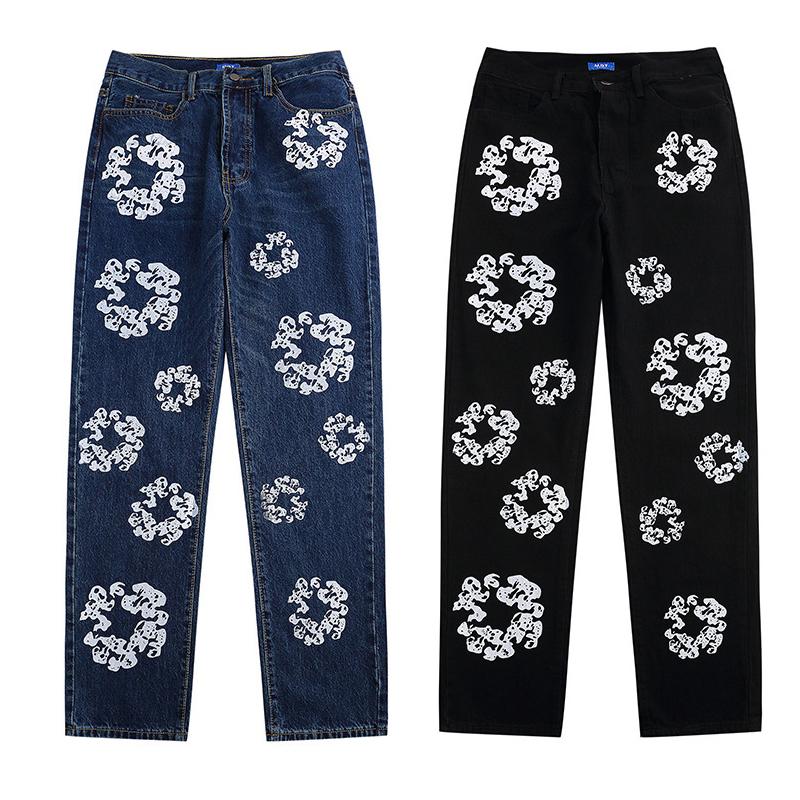 Flower Print Kanye Jeans Pants Streetwear Retro Casual Men and Women Denim Trousers