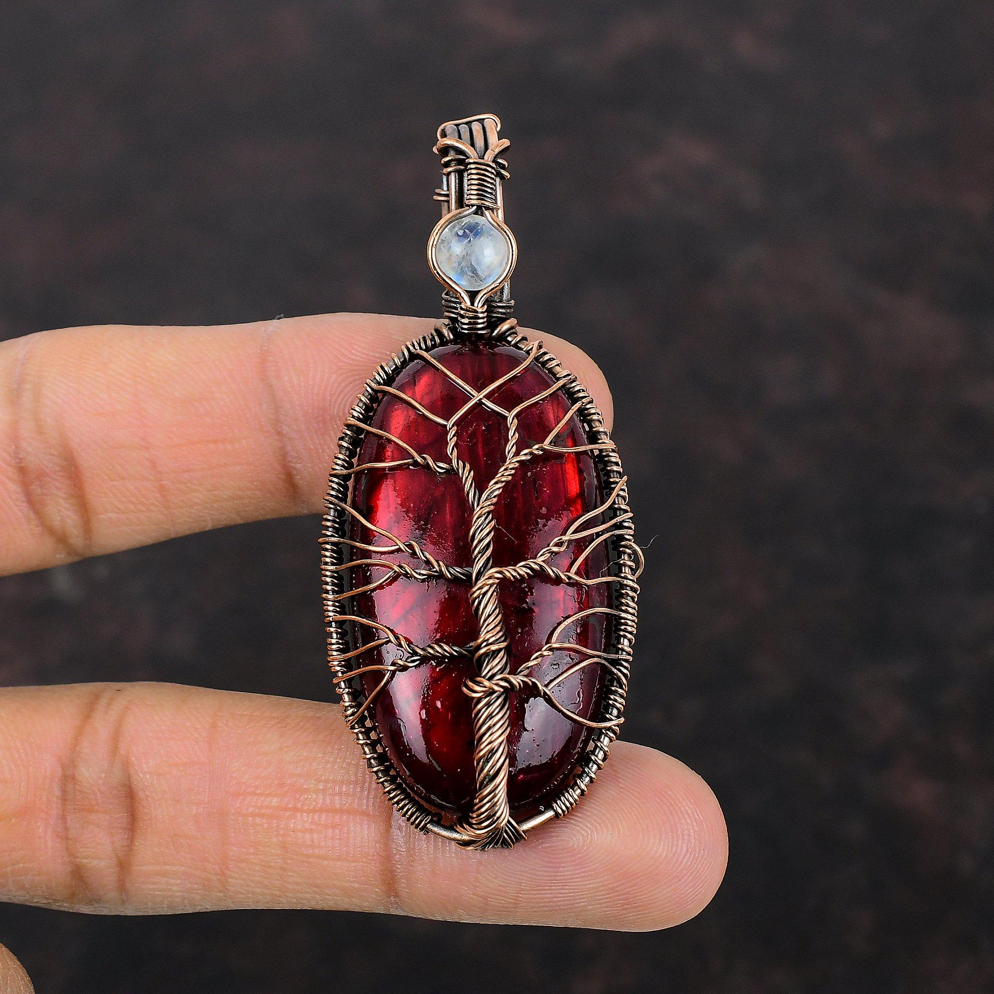 Подвеска из красного огненного лабрадорита «Дерево жизни», подвеска из медной проволоки с драгоценным камнем, подвеска из лунного камня, ювелирное изделие из медной проволоки ручной работы, свадебный подарок