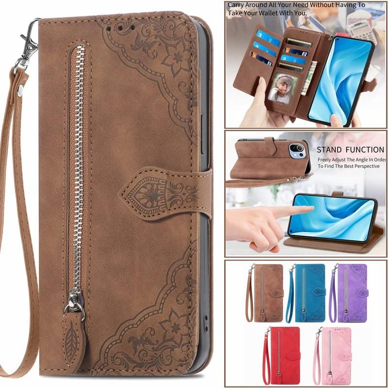 Embossed Totem Flower Phone Case for iPhone Samsung Xiaomi Huawei Honor Google OPPO Stand Holder Card Slots Zipper Wallet Cover with Hand Strap