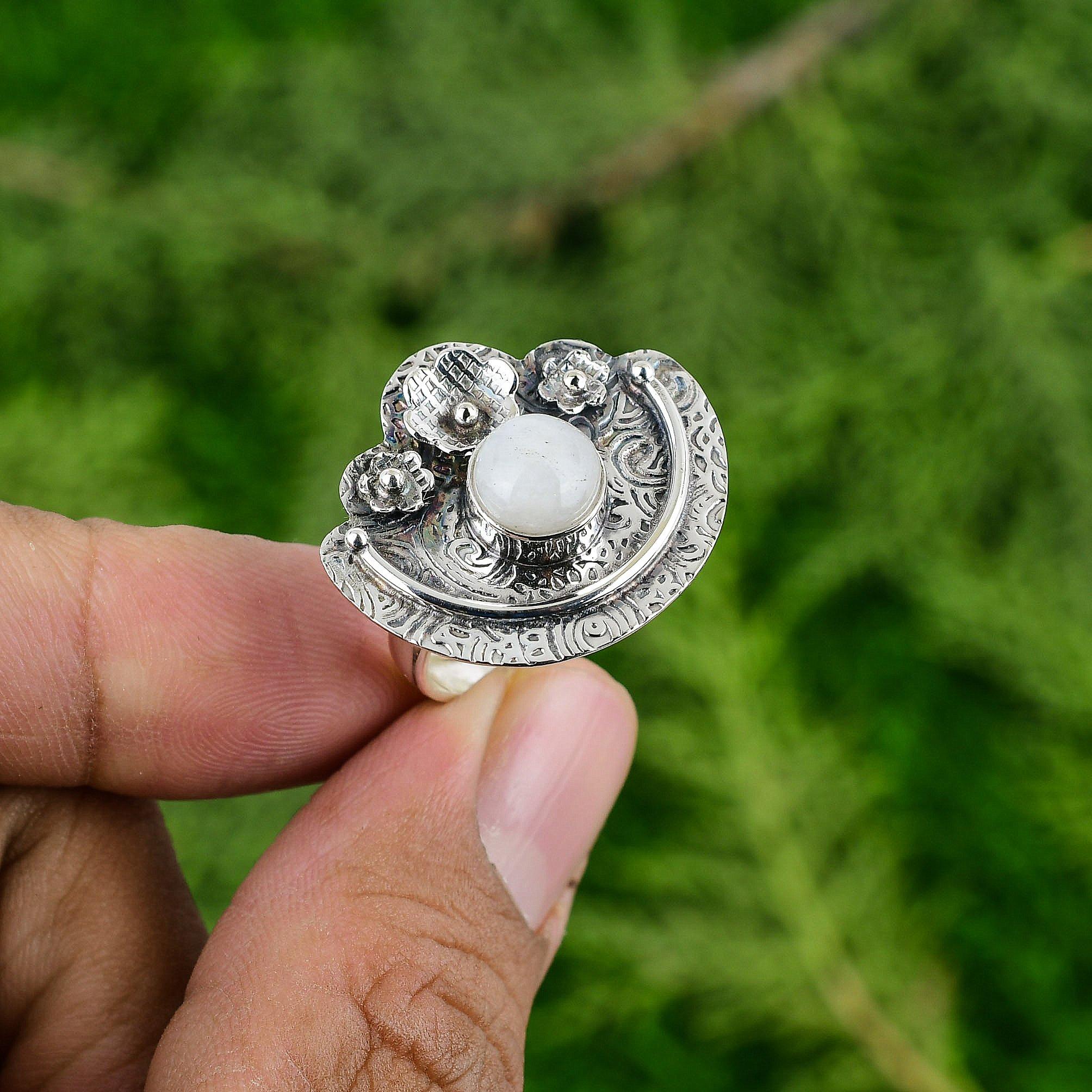 Rainbow Moonstone Gemstone 925 Silver Bezel Artisan Trendy Flower Stackable Ring