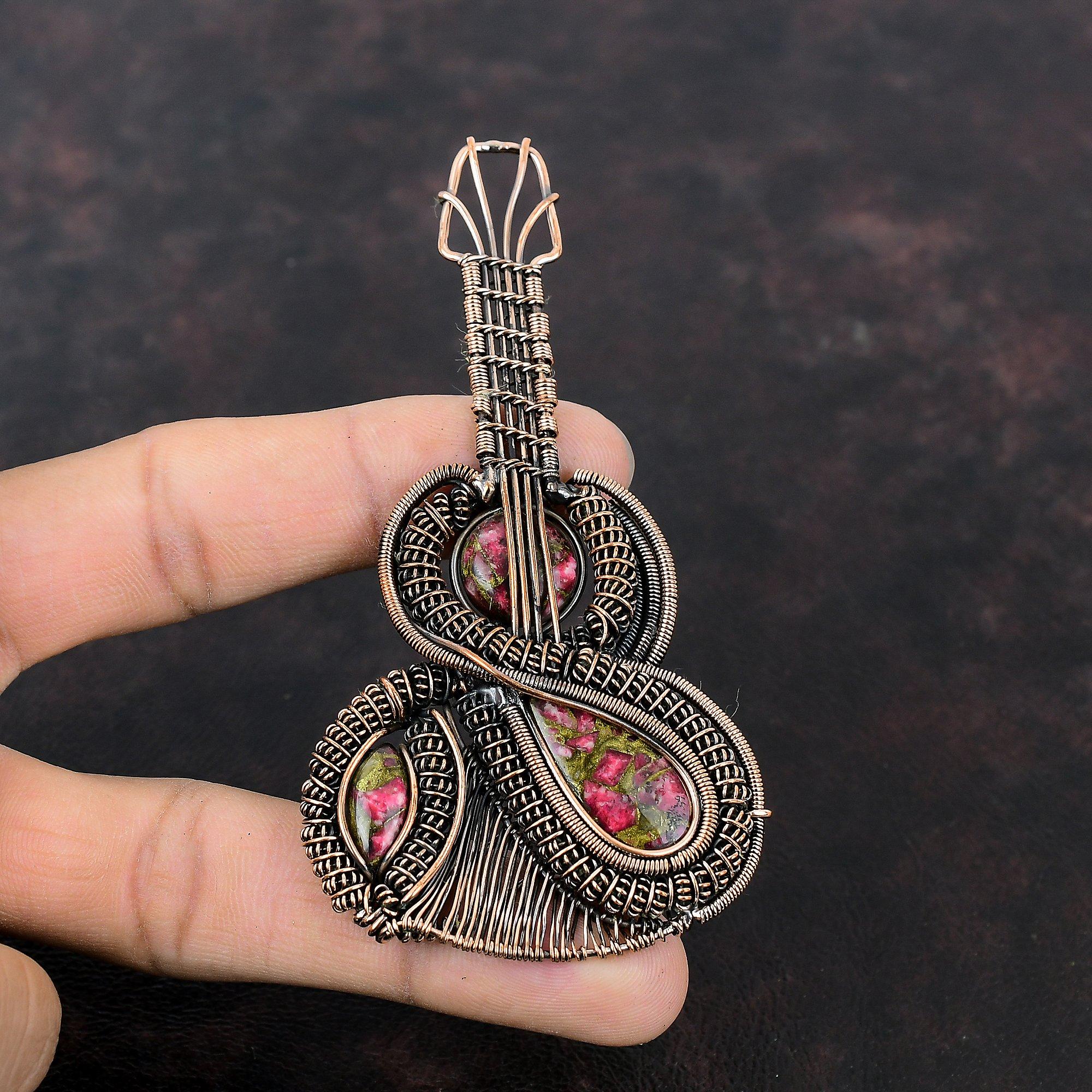 Copper Thulite Pendant Copper Wire Wrapped Pendant Guitar Pendant Thulite Jewelry Handmade Gemstone Pendant Copper Wire Jewelry Wedding Gift