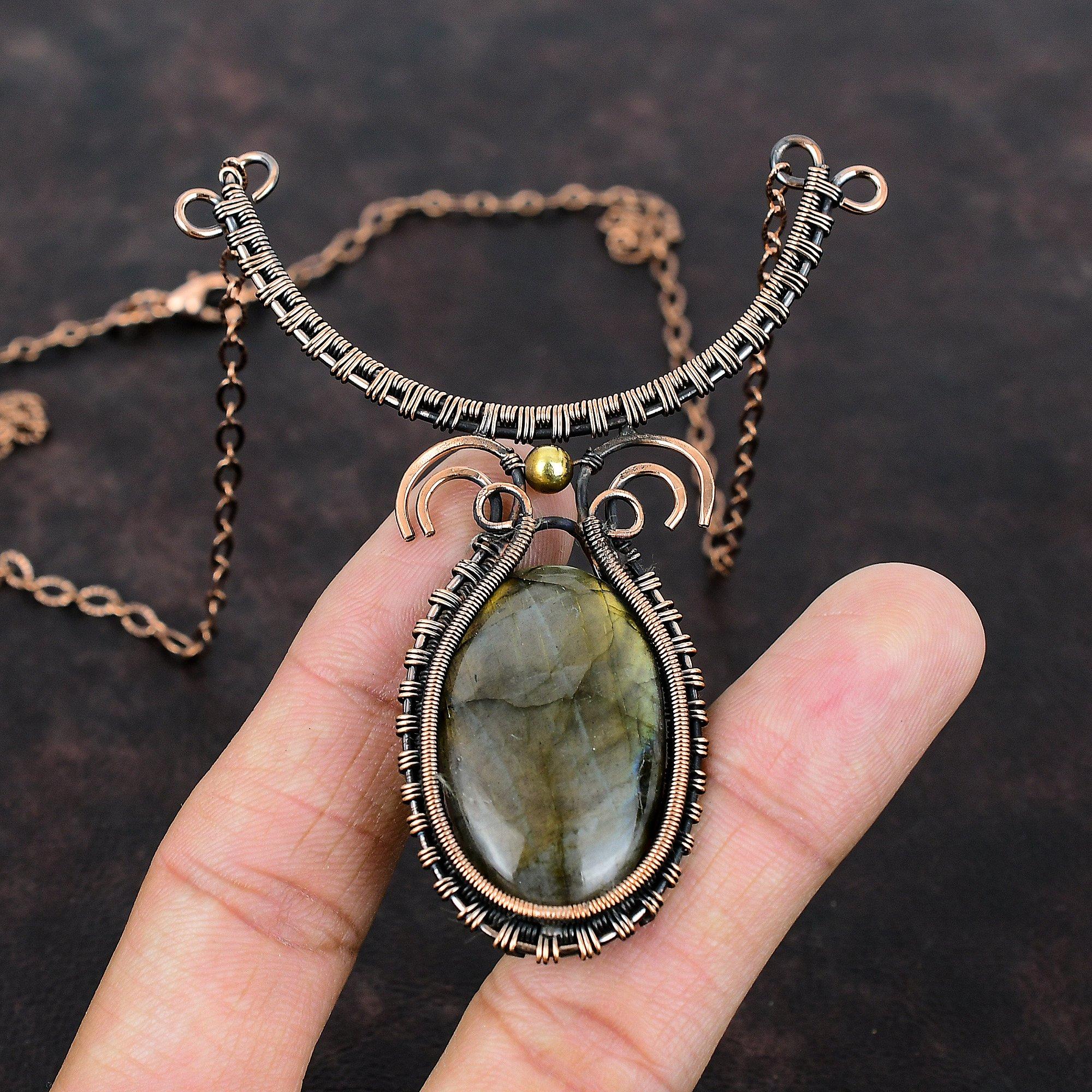 Ожерелье из драгоценного камня лабрадорита, ожерелье из медной проволоки, регулируемое ожерелье, ювелирные изделия из меди, ожерелье ручной работы, дизайнерские украшения для подарка