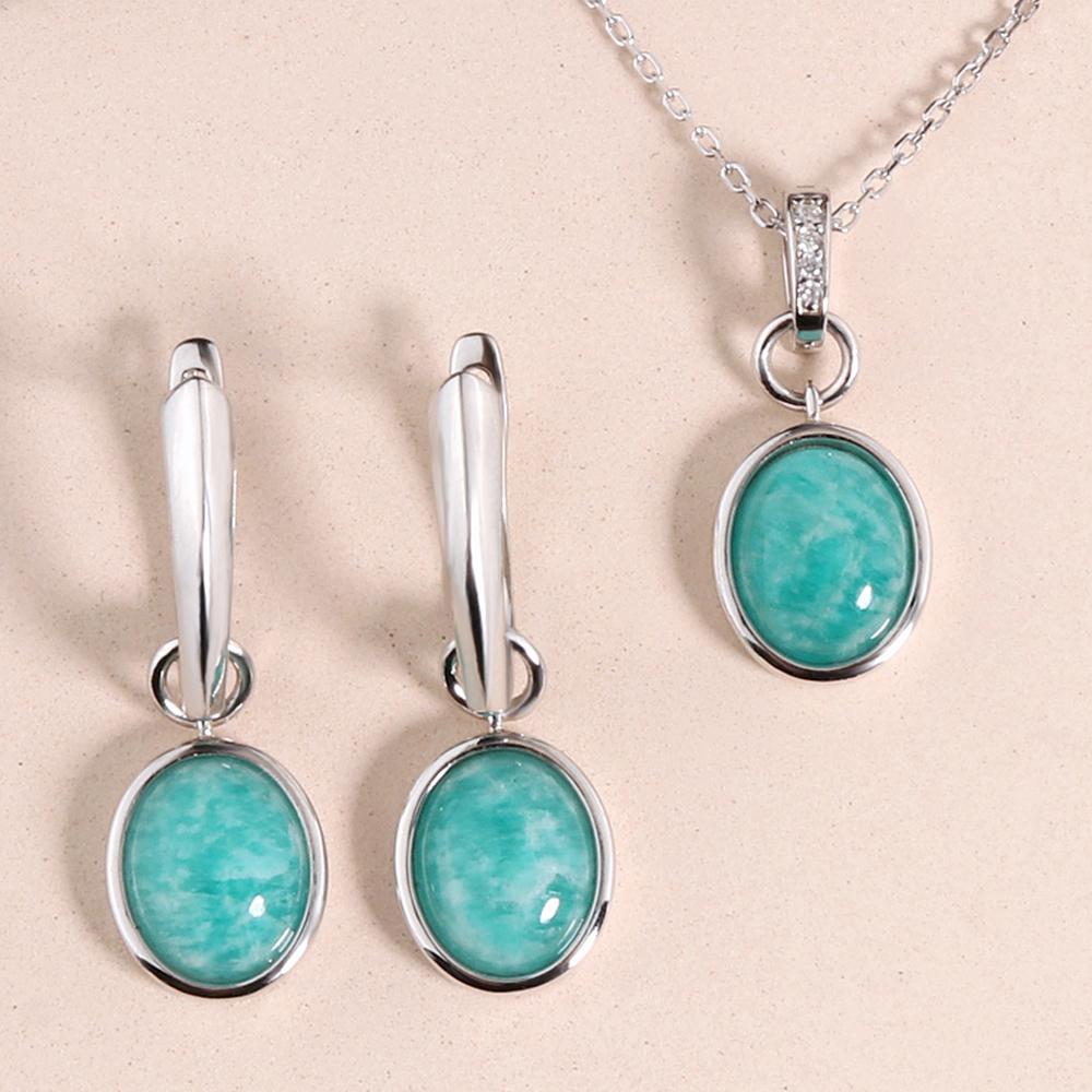 Bolaijewelry Комплект ювелирных изделий из натурального амазонита, стерлинговое серебро 925 пробы, ожерелье, серьги, простой дизайн для женщин, изысканные ювелирные изделия