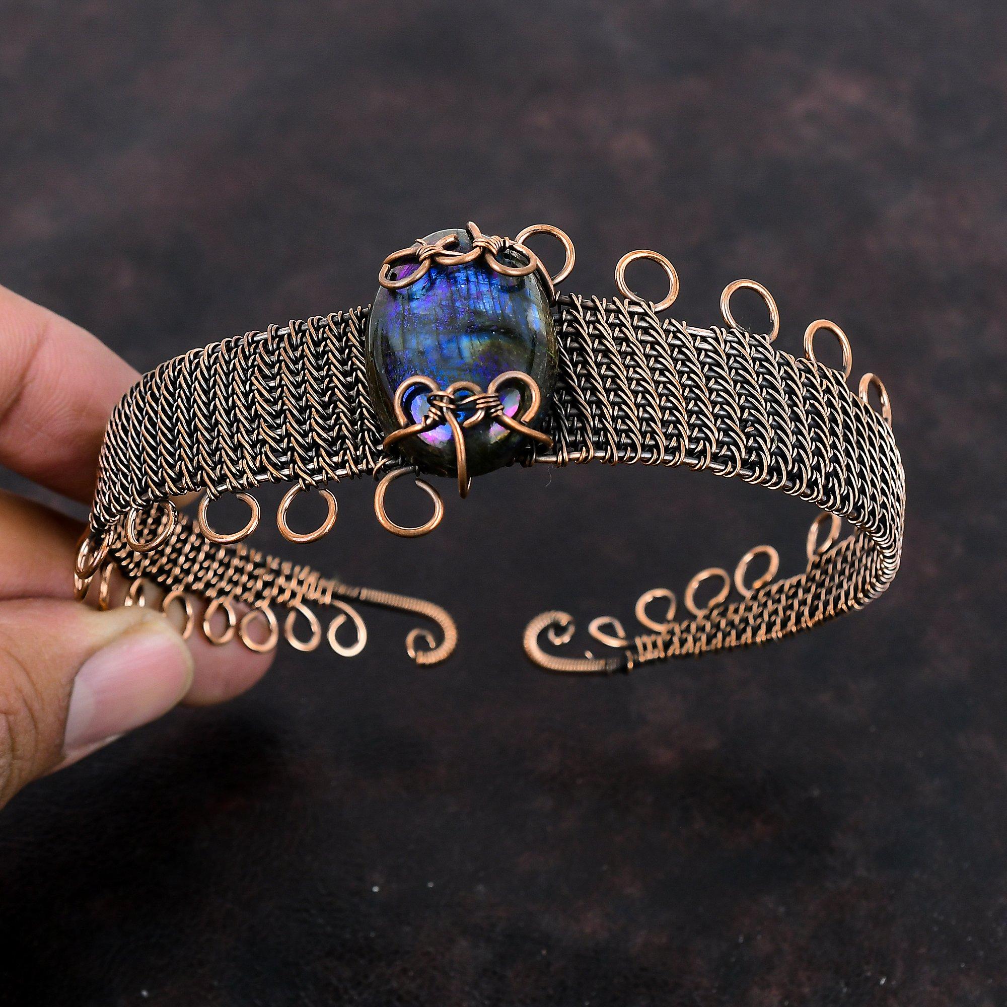 Мистический огонь, лабрадорит, браслет-манжета, браслет из медной проволоки, браслет ручной работы, браслет из драгоценных камней, регулируемый браслет-манжета, медные украшения для подарка