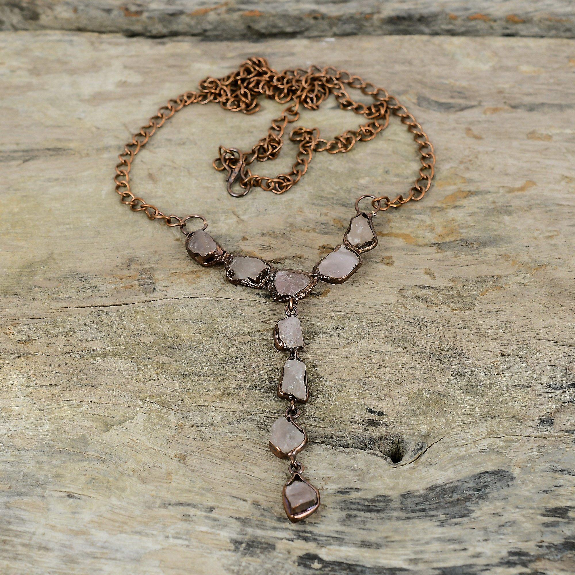 Грубое ожерелье из розового кварца, медное ожерелье, изготовленное гальваническим методом, регулируемое ожерелье-цепочка, ювелирные изделия ручной работы, ожерелье из драгоценных камней, изготовленное гальваническим методом для подарка
