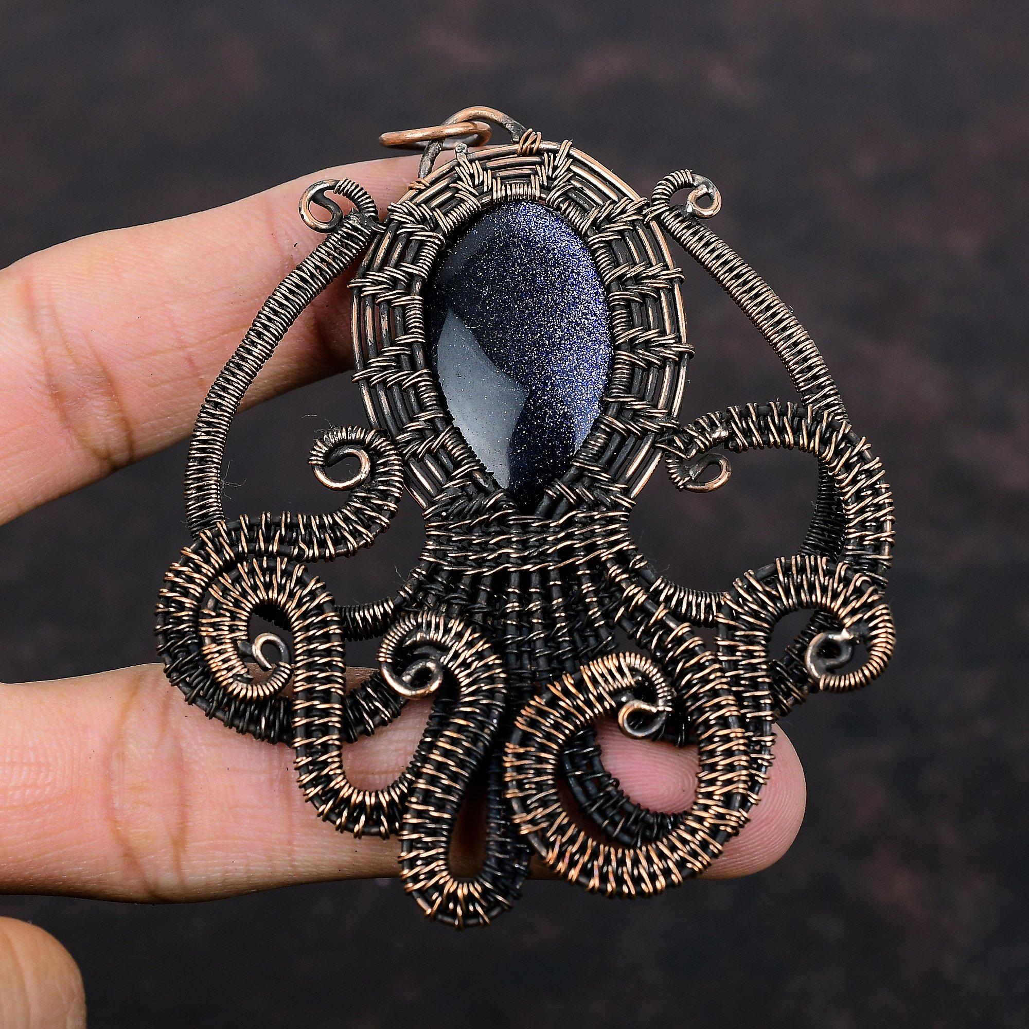 Blue Sunstone Copper Pendant Wire Wrapped Octopus Pendant Natural Gemstone Pendant Handmade Pendant Copper Wire Wrapped Jewelry Gift For Him