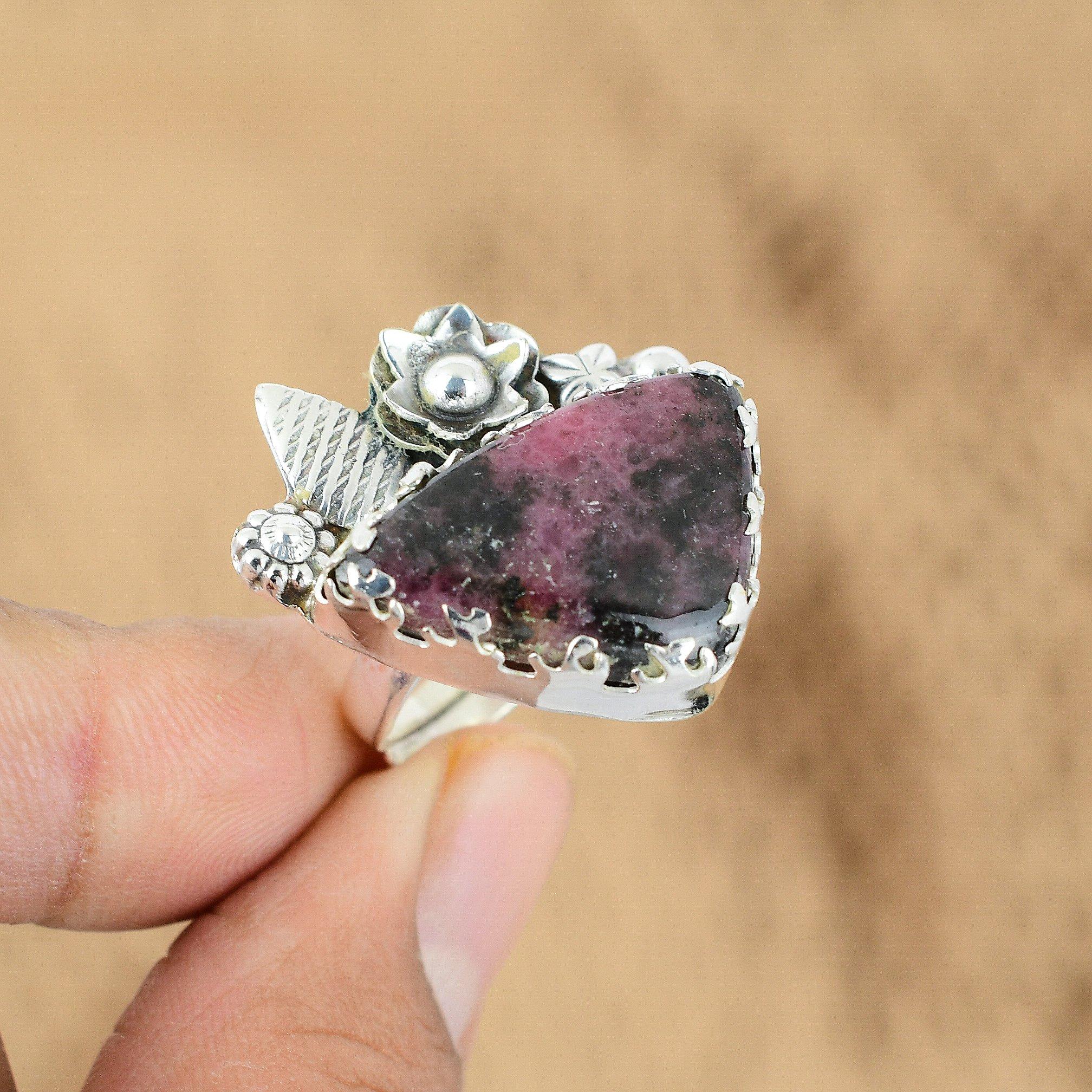 Natural Rhodonite 925 Silver Multi Stone Flower Adjustable Ring For Women