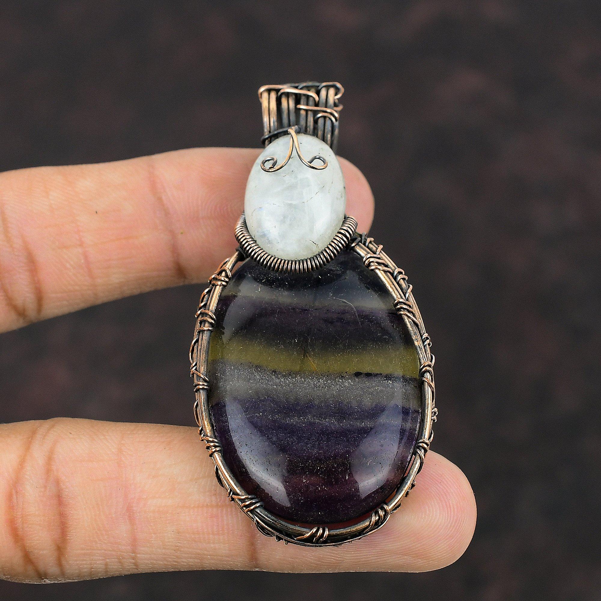 Multi Fluorite Pendant Copper Wire Wrapped Pendant Rainbow Moonstone Copper Jewelry Handmade Gemstone Jewelry Gift For Mom Wire Wrap Jewelry