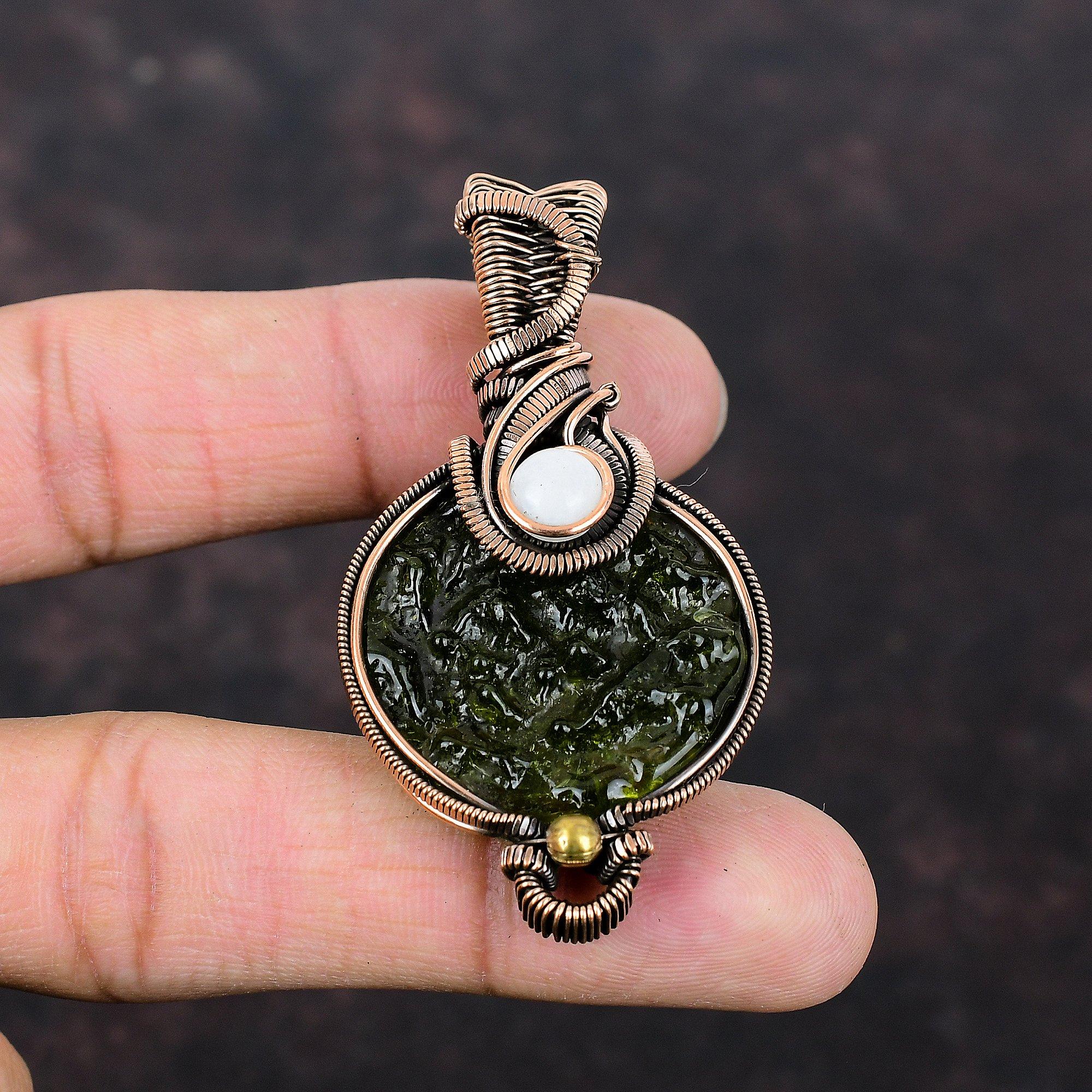 Moldavite Pendant Copper Wire Wrapped Pendant Rainbow Moonstone Pendant Handmade Real Gemstone Pendant Gift For Her Copper Wire Wrap Jewelry