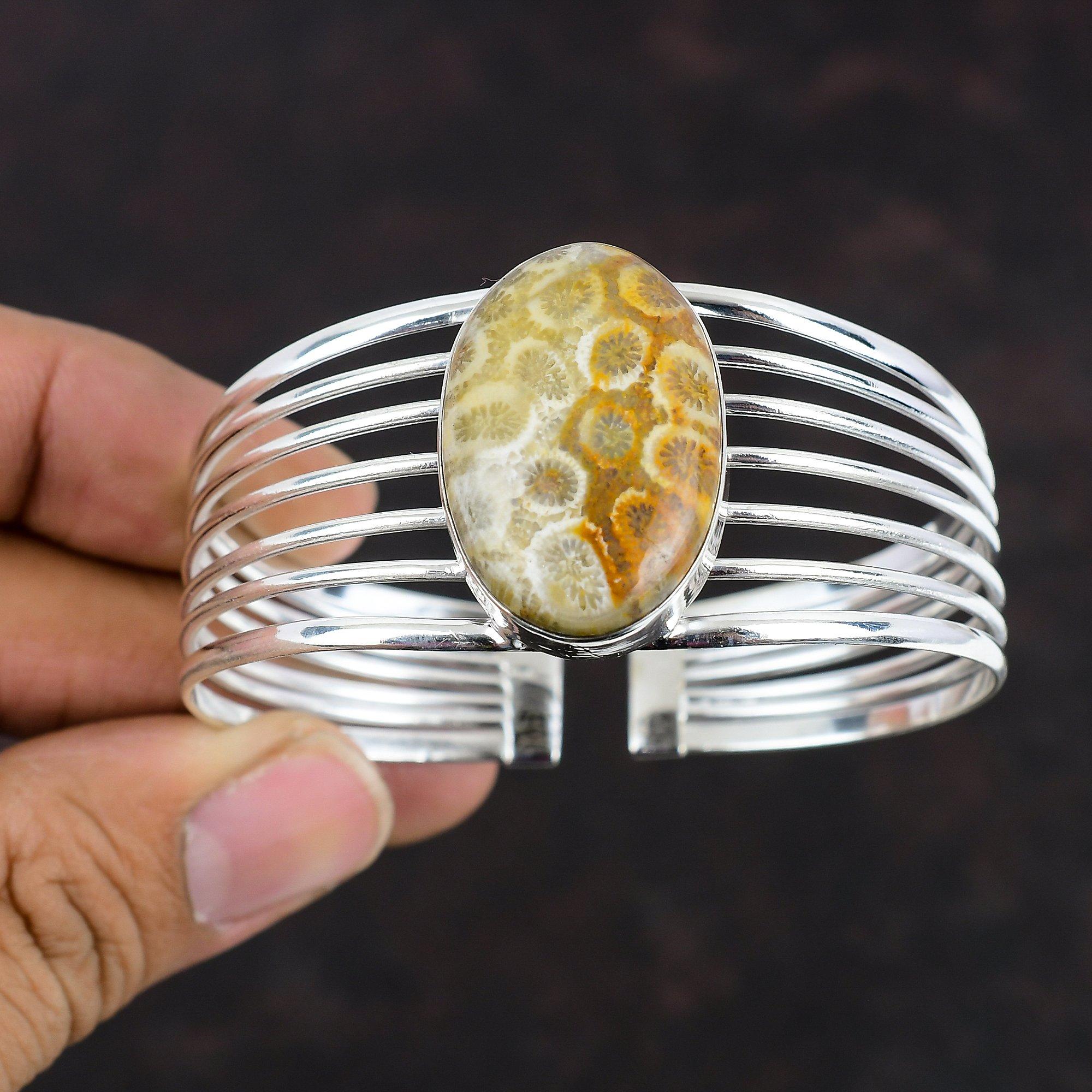 Браслет из ископаемого коралла, регулируемый браслет-манжета, серебряный браслет 925 пробы, ювелирные изделия ручной работы, очень красивый браслет-манжета с драгоценными камнями, подарки для матери