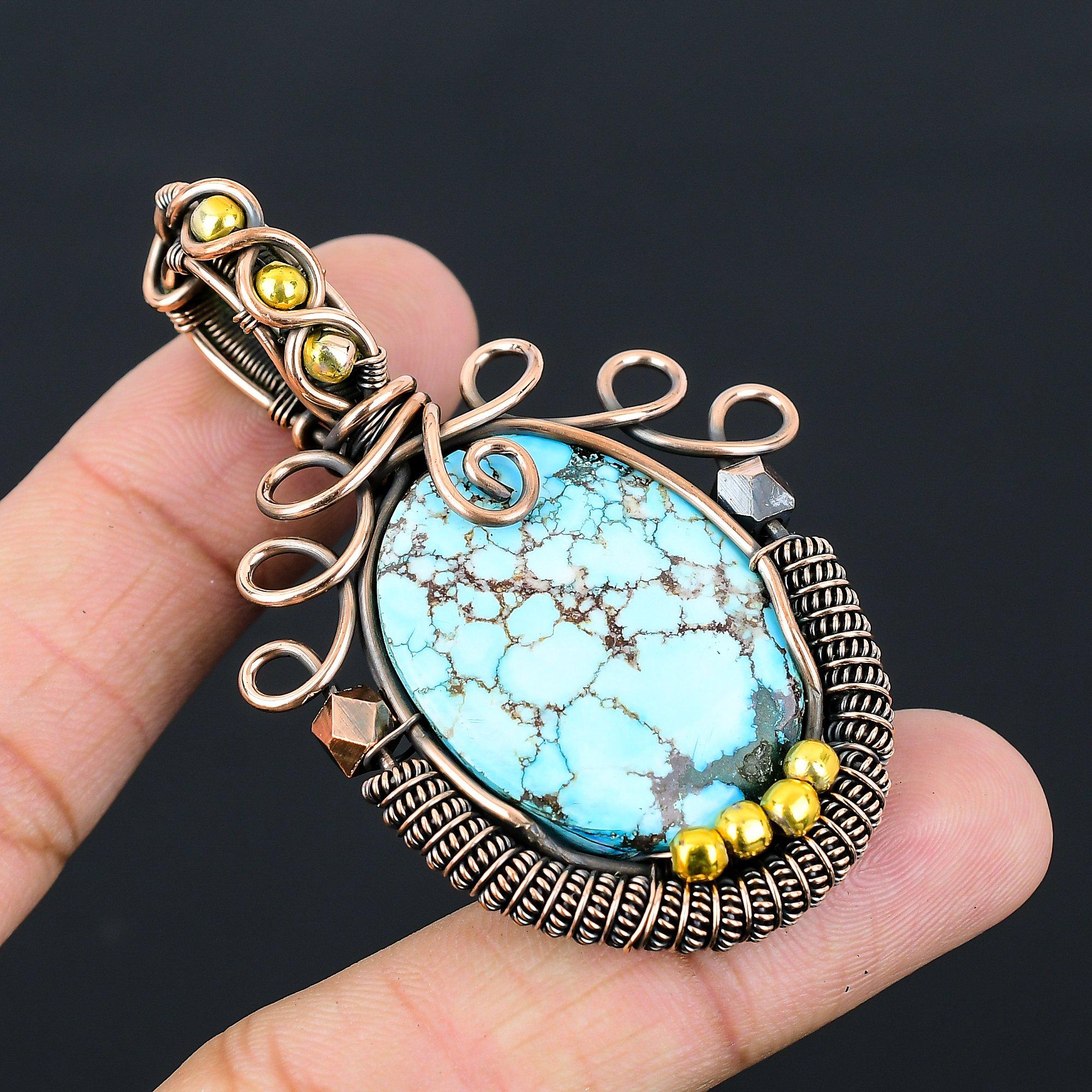 Необычные бирюзовые драгоценные камни из чистой медной проволоки, обернутые подвеской ручной работы, ювелирные изделия