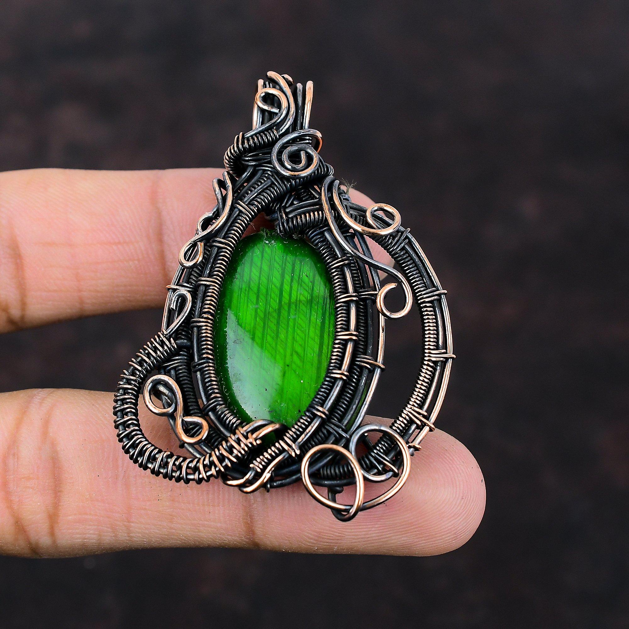 Кулон из зеленого огненного лабрадорита, медная проволочная обертка, драгоценный камень, медные украшения, подвеска ручной работы, подарок на помолвку, изящные проволочные обертки