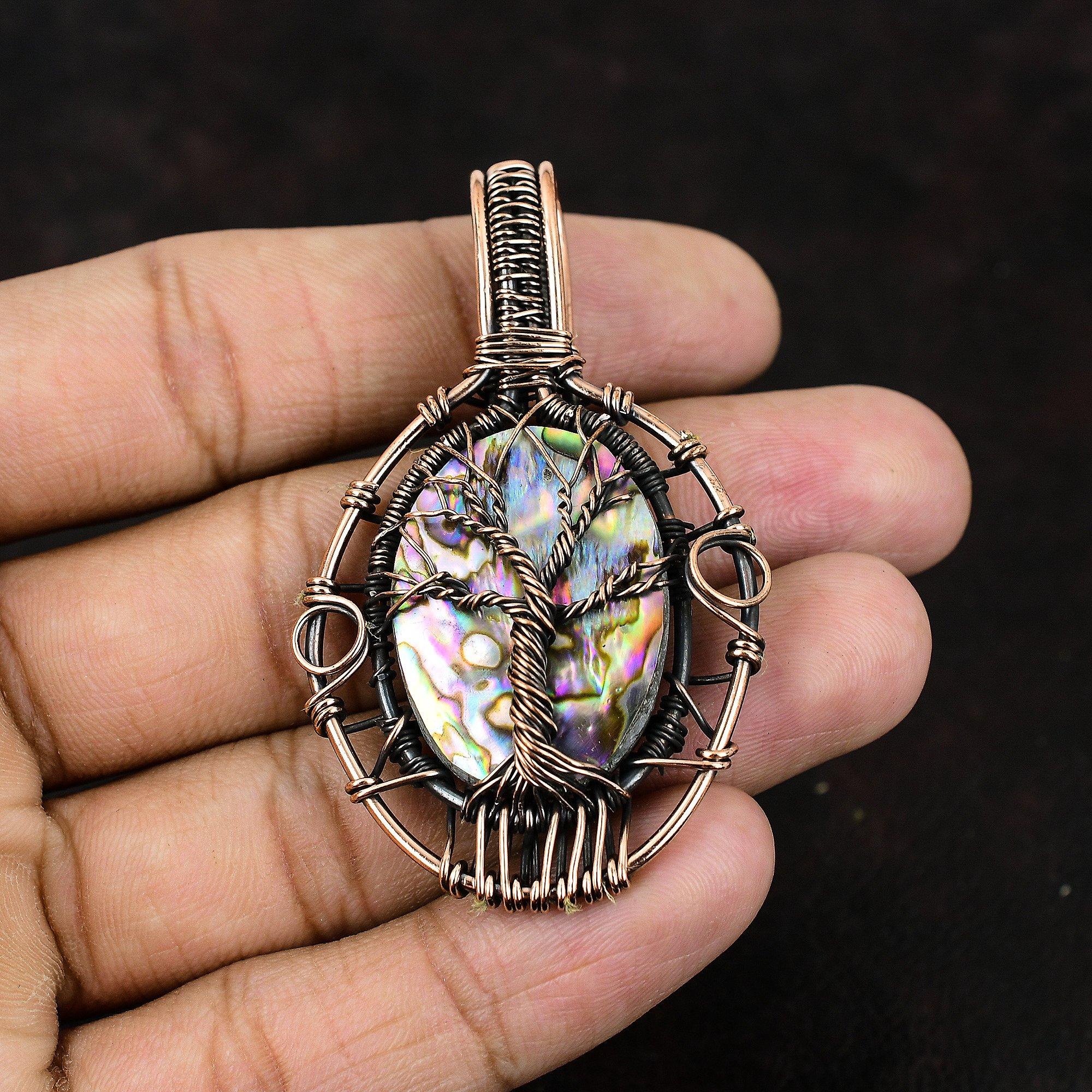 Древо жизни Подвеска из ракушки морского ушка Медная проволока Обернутая подвеска Драгоценный камень Медные украшения Подвеска ручной работы Подарок для него Ювелирные изделия из ракушки морского ушка