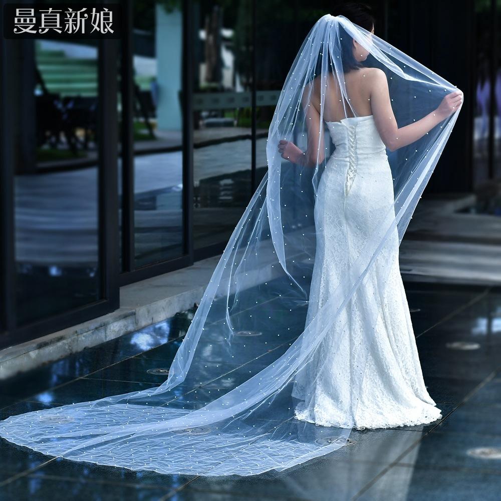Pearl Bridal Veil With Comb, White Tulle Wedding Veil, Beaded Long Cathedral Veil for Bride Wedding Ceremony