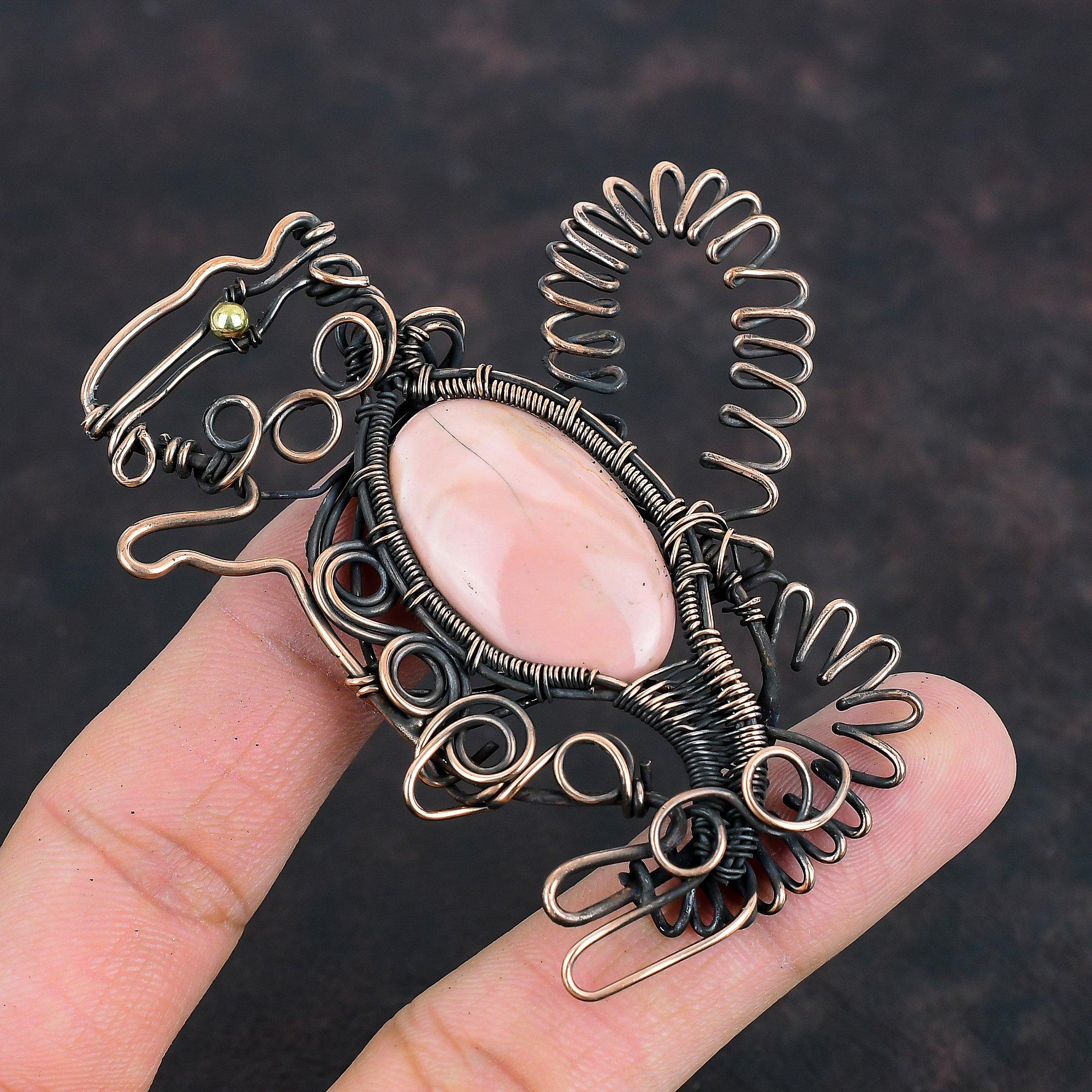 Розовый опаловый кулон из медного драгоценного камня, кулон с проволочной обмоткой, медные украшения ручной работы, красивый кулон в виде кролика, украшения с проволочной обмоткой для подарков