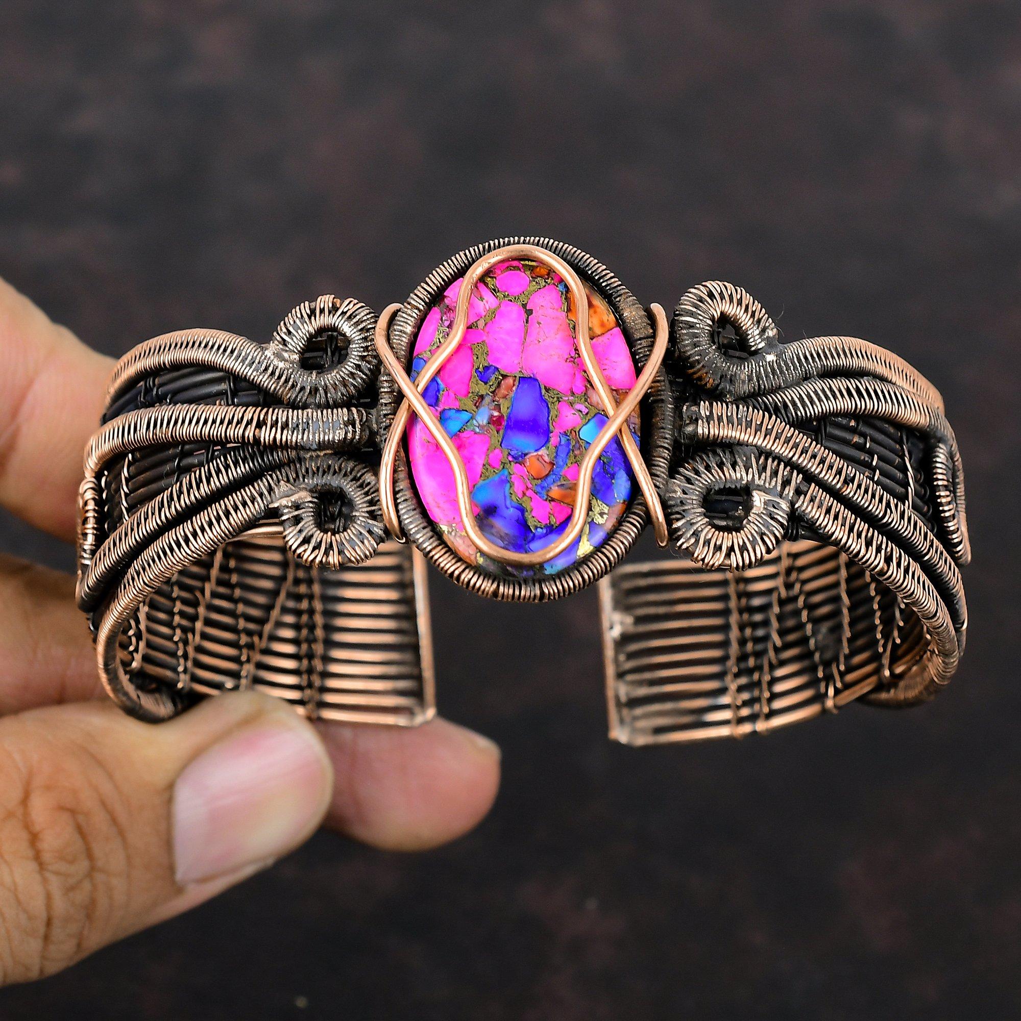 Браслет-манжета Kingman Pink Dahlia Turquoise с драгоценными камнями, браслет-манжета из медной проволоки, регулируемый браслет, ювелирные изделия ручной работы, свадебный подарок