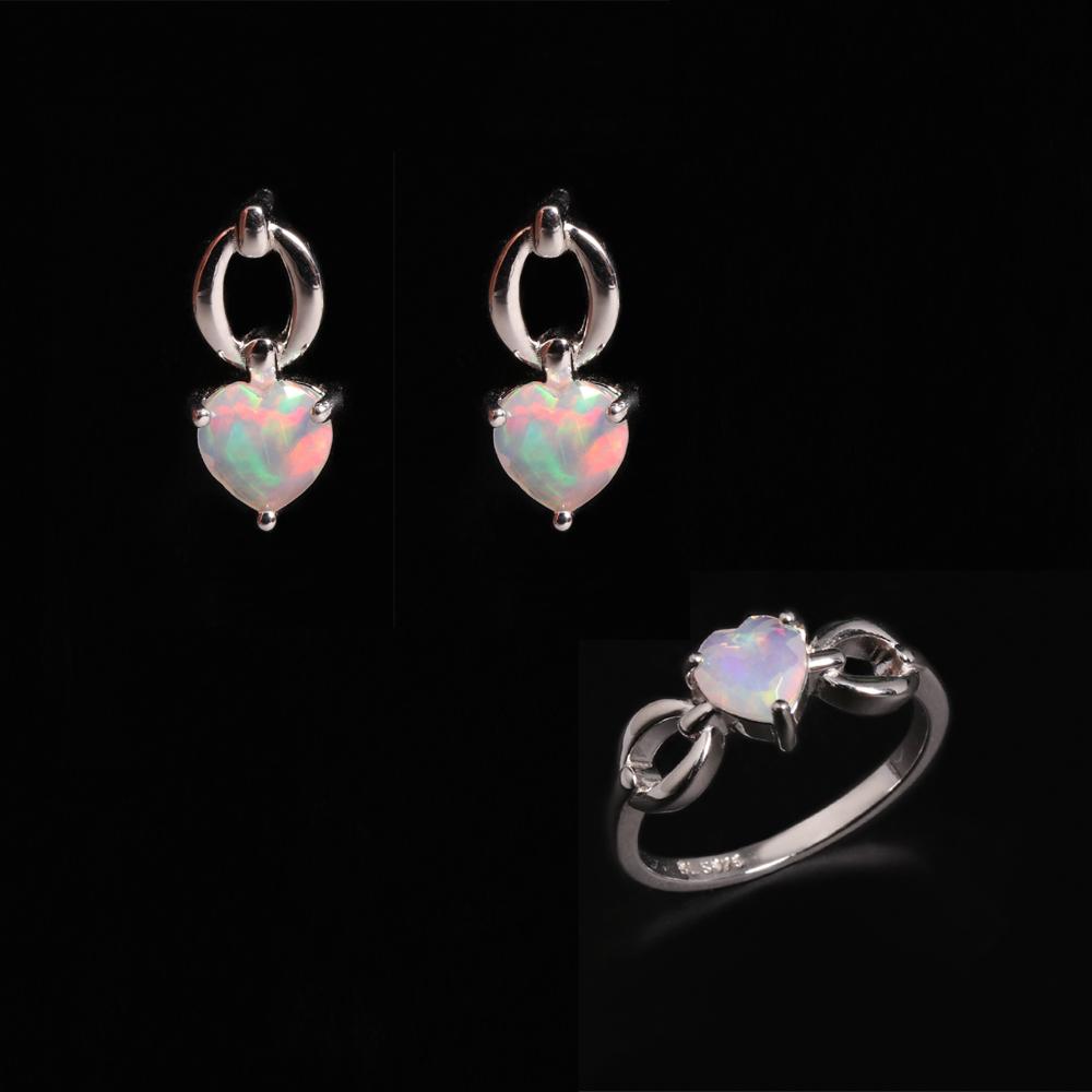 Милый романтический стиль Камень октября Натуральный опал в форме сердца кольцо Серьги комплект украшений для женщин и девочек подарок на день рождения