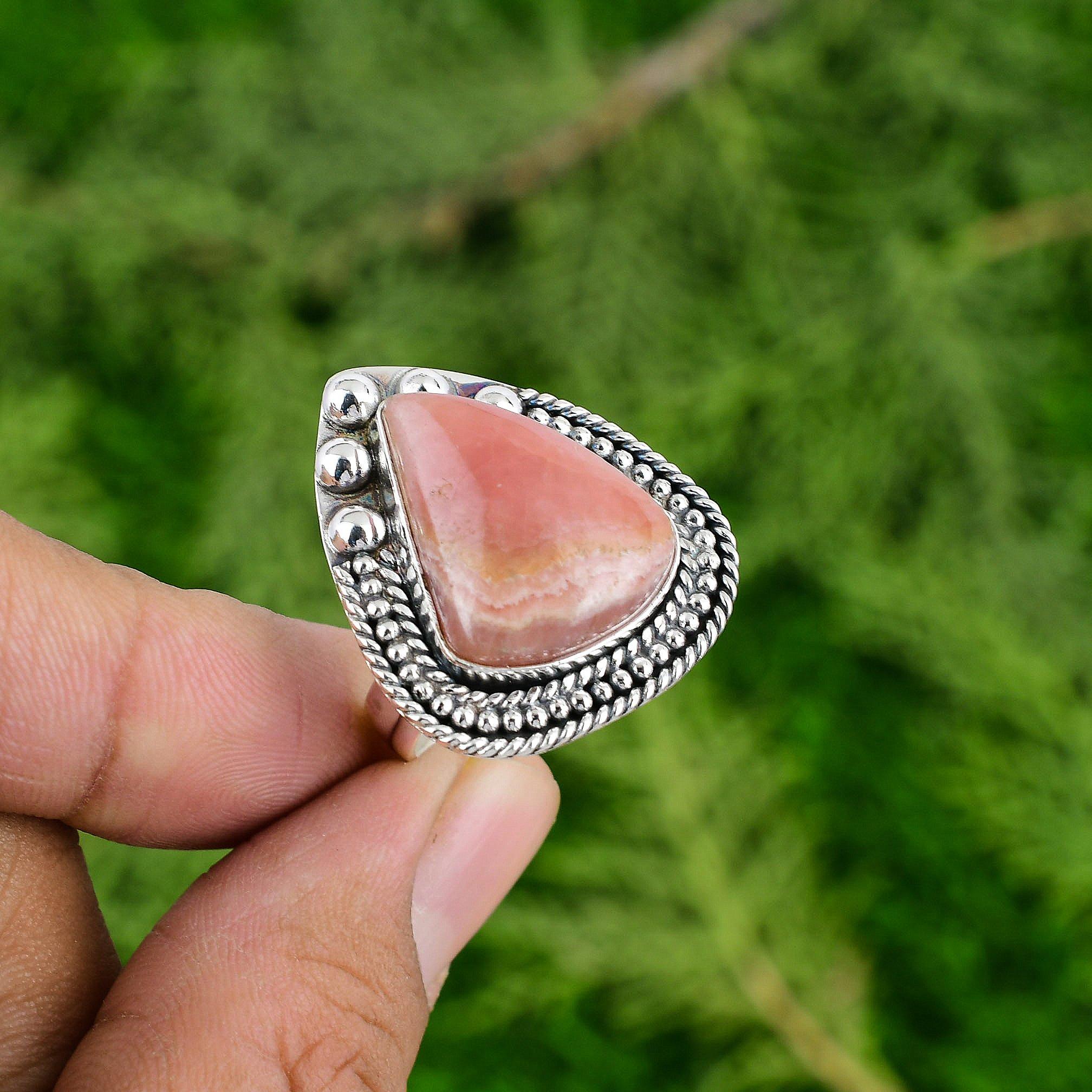 Natural Rhodochrosite Gemstone Stackable Adjustable Ring 925 Silver For Girls