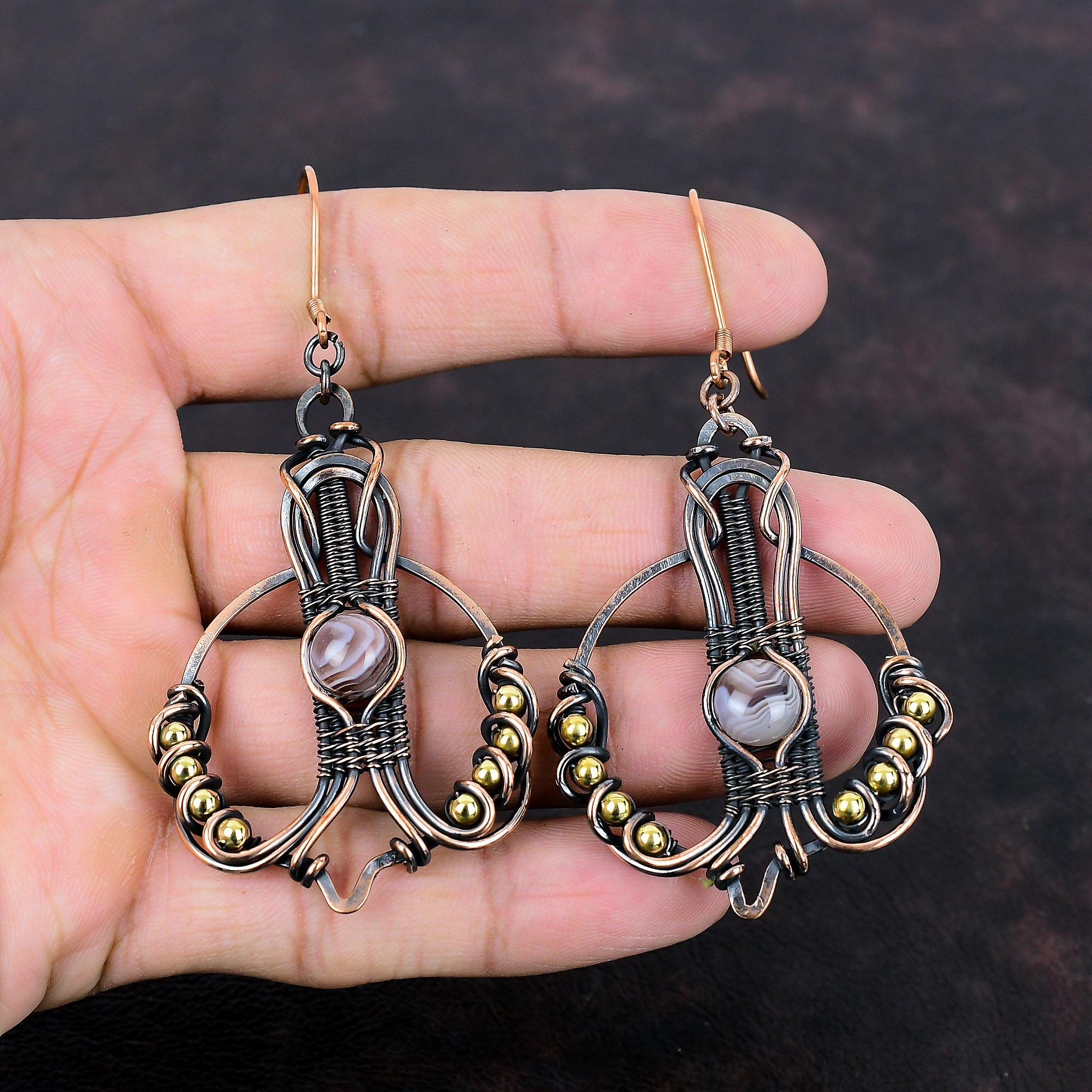 Серьги из ботсванского агата, серьги из медной проволоки с драгоценными камнями, медные украшения, серьги ручной работы, подарок на годовщину, потрясающие серьги, проволочные украшения