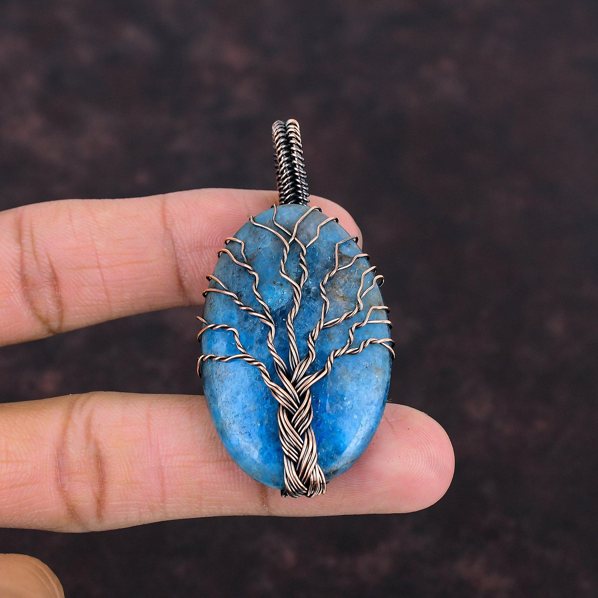 Подвеска из неонового апатита «Дерево жизни», медная проволока, обернутая подвеской, драгоценный камень, медные украшения, антикварный кулон ручной работы, ювелирные изделия из дерева жизни для подарка