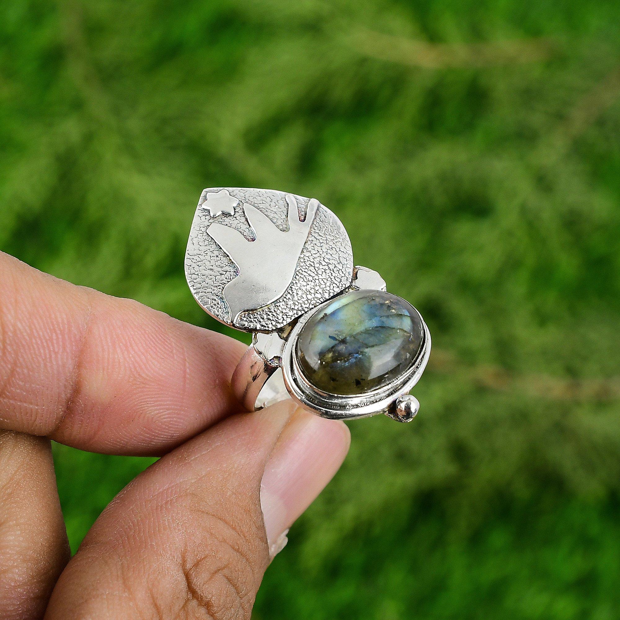 Womens Day Sale 925 Silver Oval Labradorite Stone Stackable Promise Bird Ring