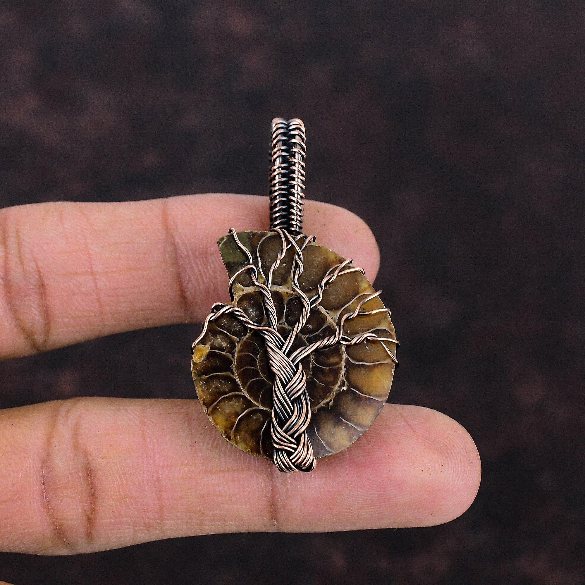 Древо жизни Аммонит Ископаемый кулон Медная проволока Обернутая медная проволока Ювелирные изделия Драгоценный камень Кулон ручной работы Подарок на годовщину для нее