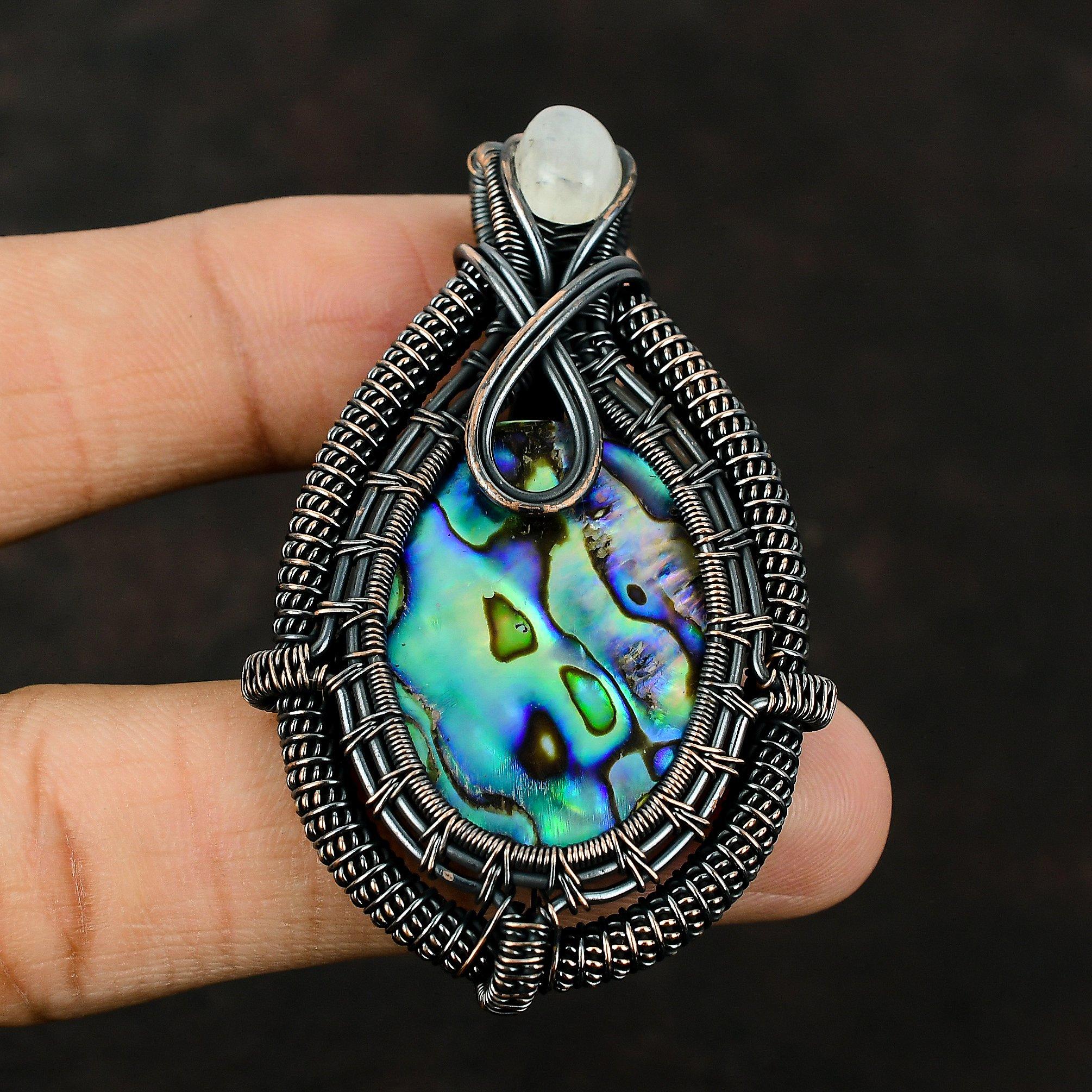 Кулон из раковины абалона, кулон, обмотанный медной проволокой, ювелирное изделие с драгоценным камнем, кулон ручной работы, подарки для нее, медное ювелирное изделие, кулон из радужного лунного камня