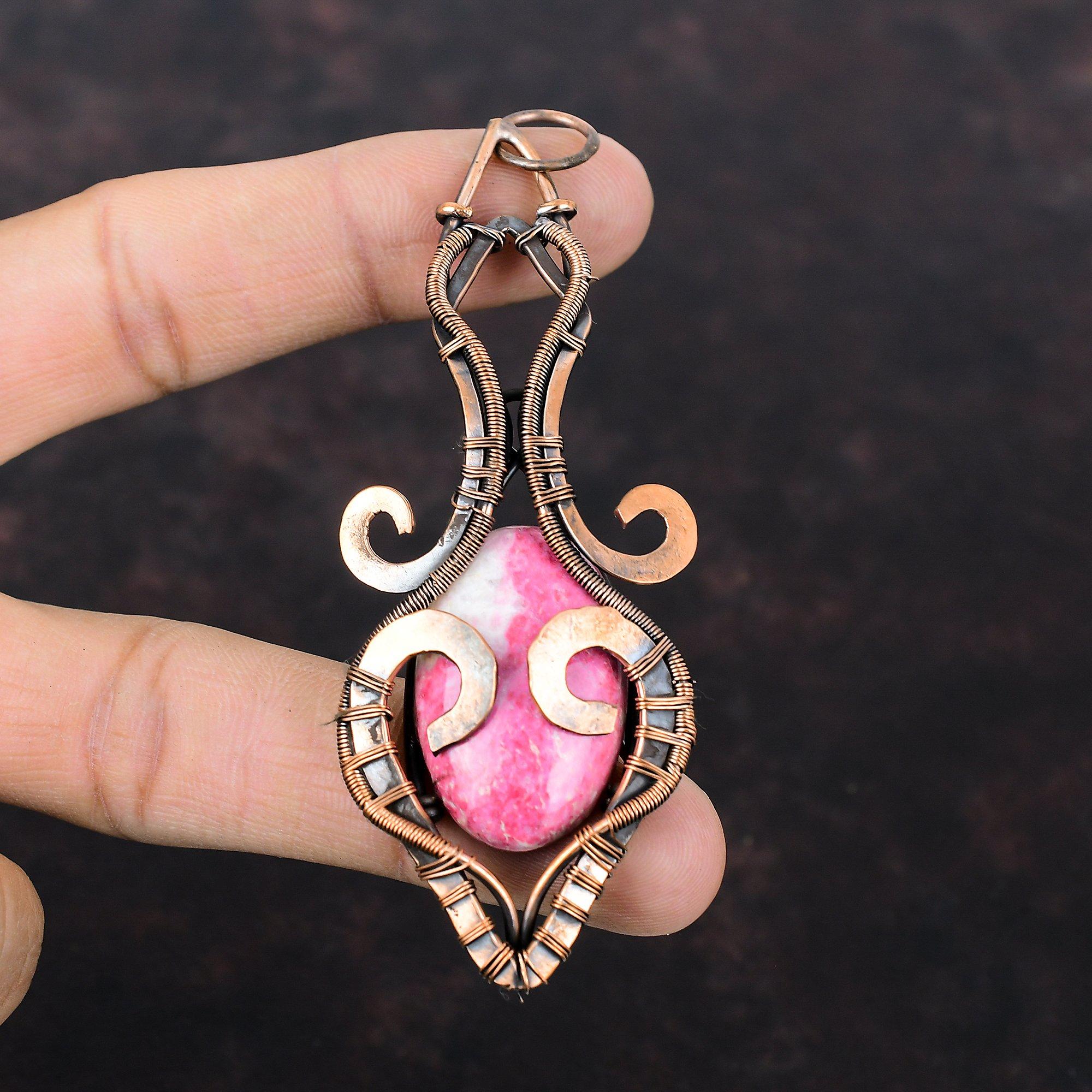 Подвеска из тулита, медная проволочная обертка, драгоценный камень, уникальная медная подвеска, тулитовая бижутерия, подвеска из проволочной обертки ручной работы, свадебный подарок