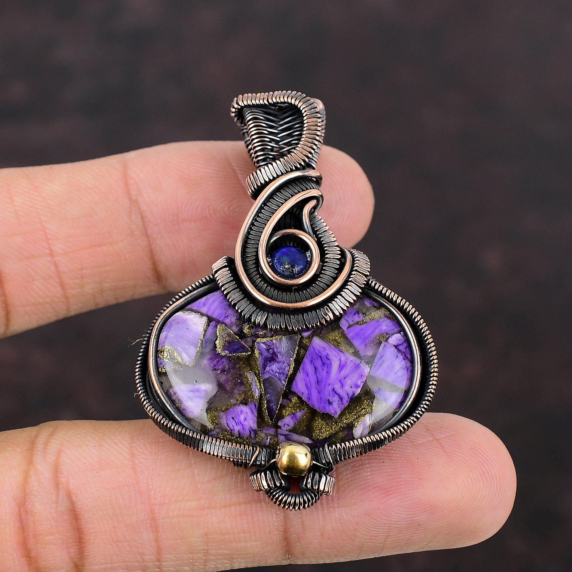 Медный кулон с чароитом, медная проволока, кулон, ювелирные изделия из драгоценных камней, кулон ручной работы, кулон из лазурита, красивые медные украшения для подарка