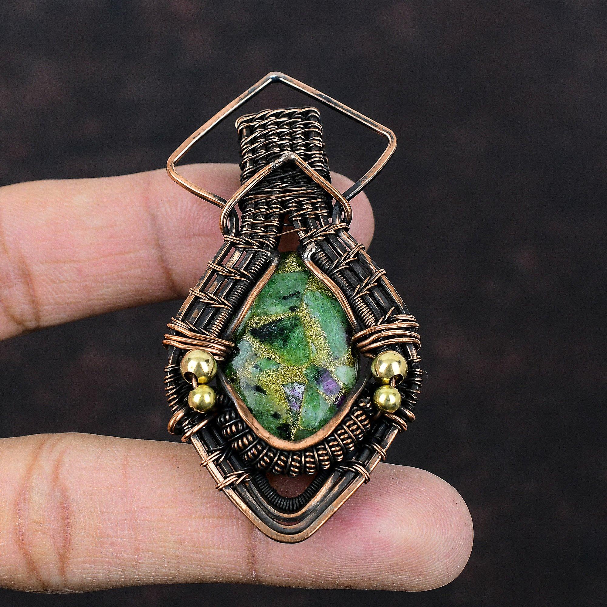 Copper Ruby Zoisite Pendant Copper Wire Wrapped Gemstone Pendant Designer Pendant Copper Jewelry Handmade Pendant Wire Wrap Jewelry For Gift