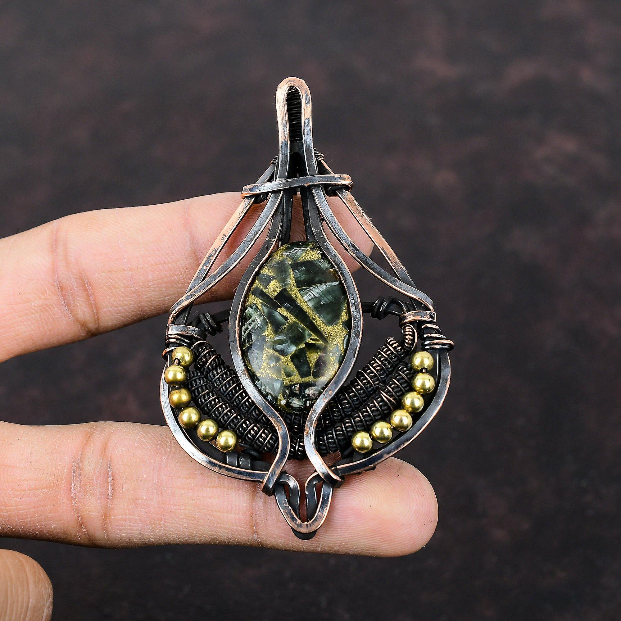Copper Seraphinite Pendant Copper Wire Wrapped Jewelry Gemstone Pendant Copper Pendant Wire Wrapped Pendant Gift For Bridal Handmade Jewelry