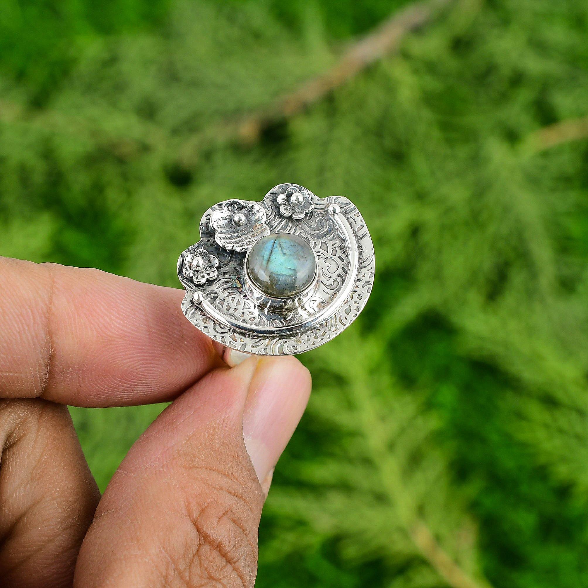 Gift For Her 925 Silver Natural Labradorite Promise Flower Adjustable Ring