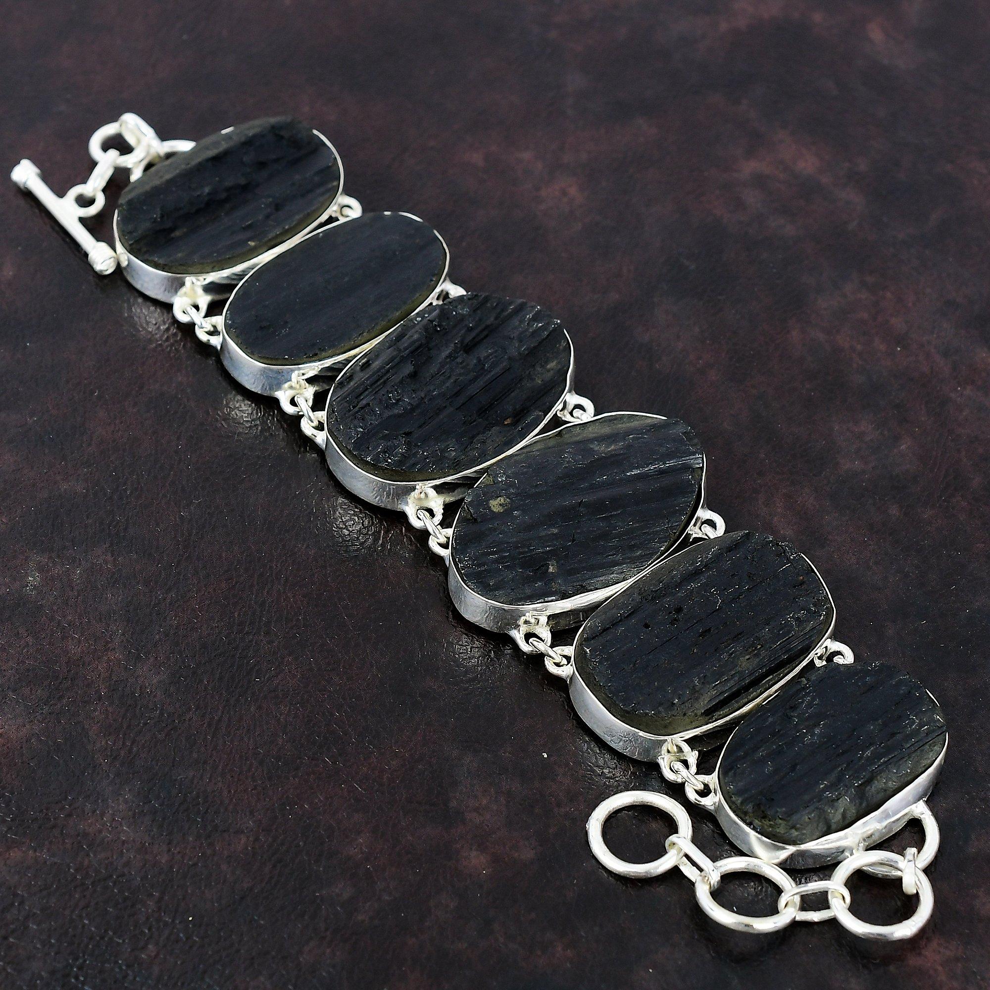 Браслет из черного турмалина, браслет из натурального драгоценного камня, браслет из стерлингового серебра 925 пробы, регулируемый браслет-цепочка, ювелирные изделия ручной работы для подарка