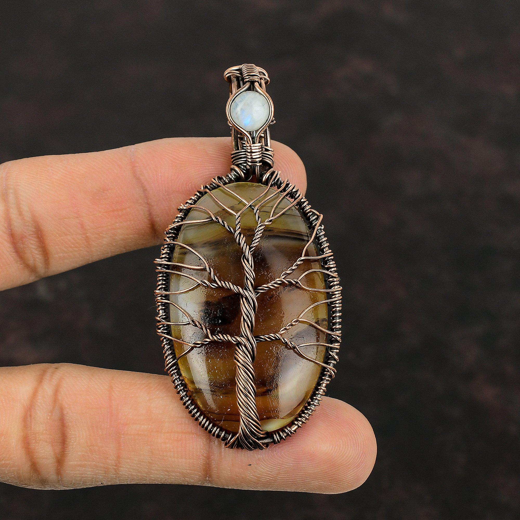 Древо Жизни Монтанский Агат Медный Кулон Кулон из проволоки Ручной работы Кулон с драгоценным камнем Кулон с лунным камнем Подарок для нее Медные украшения из проволоки