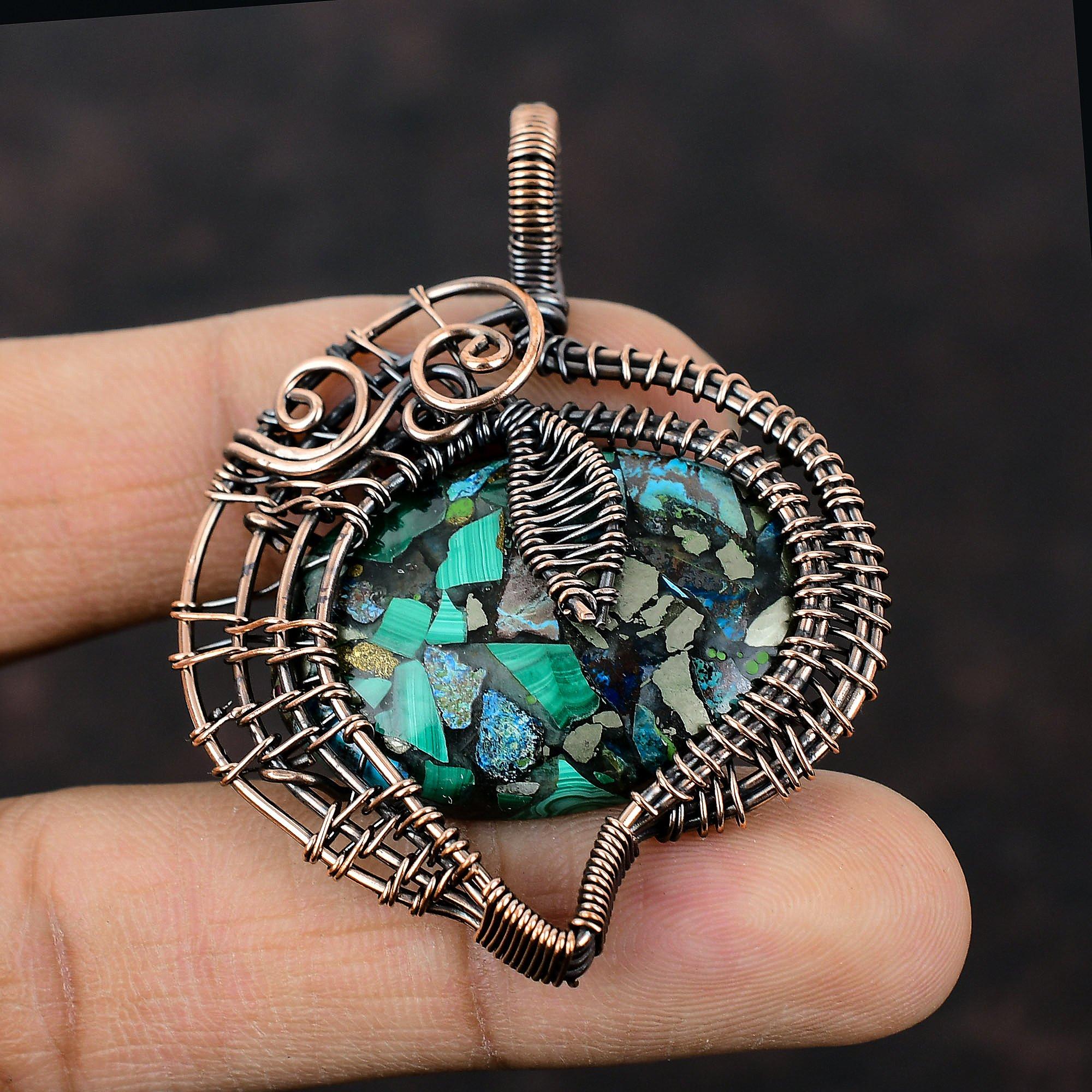 Copper Azurite Malachite Pendant Copper Wire Wrapped Pendant Copper Jewelry Handmade Gemstone Pendant Azurite Malachite Jewelry Gift For Her