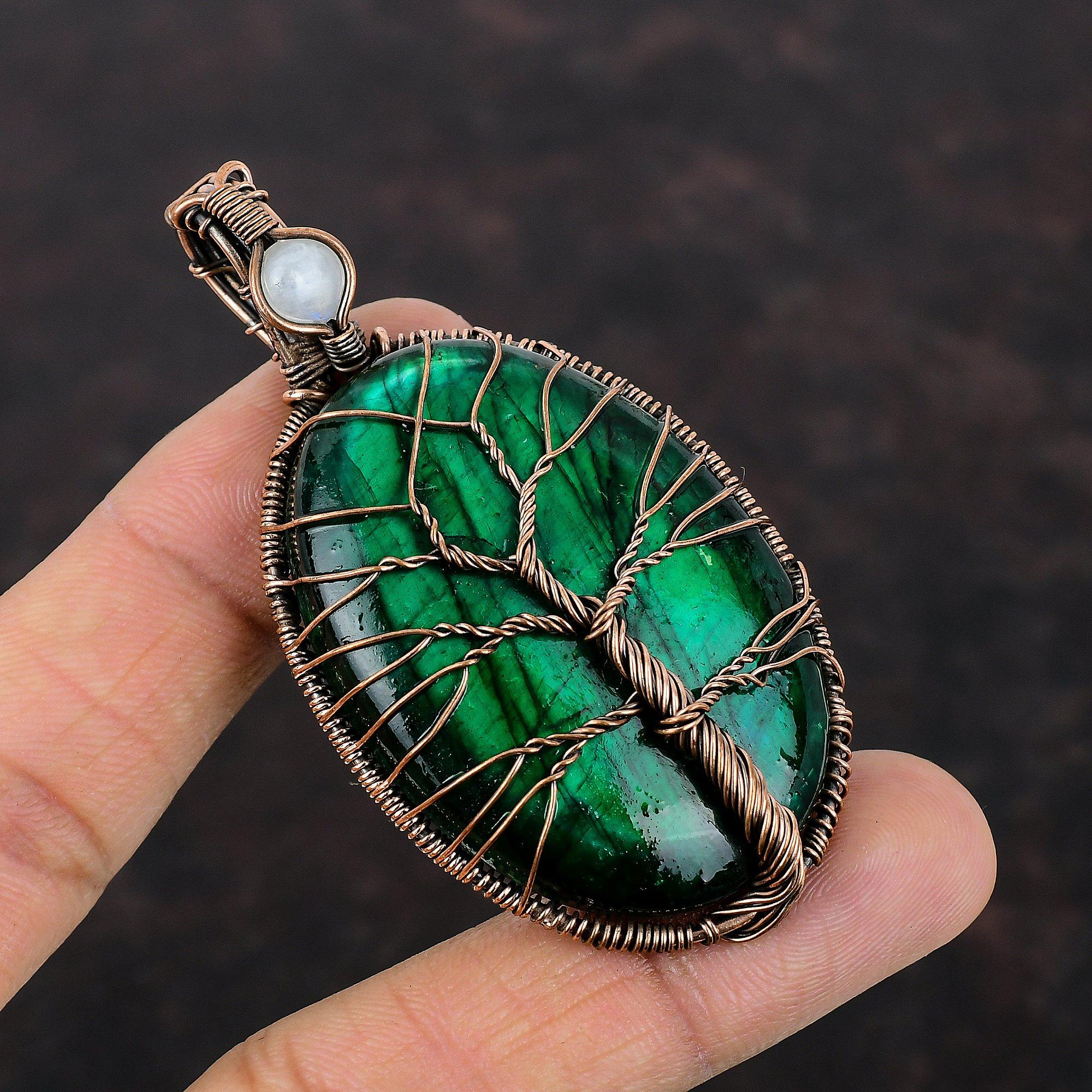 Tree Of Life Green Fire Labradorite Pendant Copper Wire Wrapped Jewelry Rainbow Moonstone Pendant Handmade Pendant Copper Gemstone Pendants