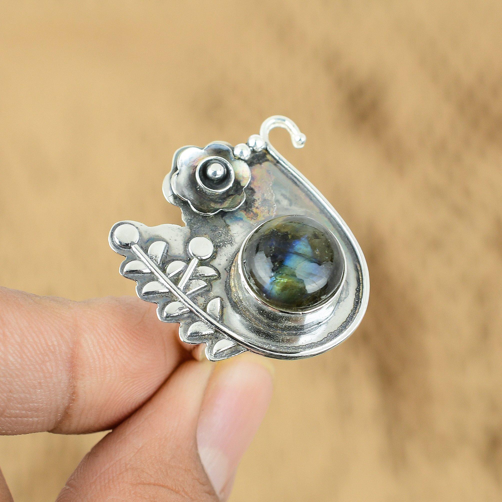 925 Silver Labradorite Gemstone Promise Engagement Statement Flower Ring Jewelry