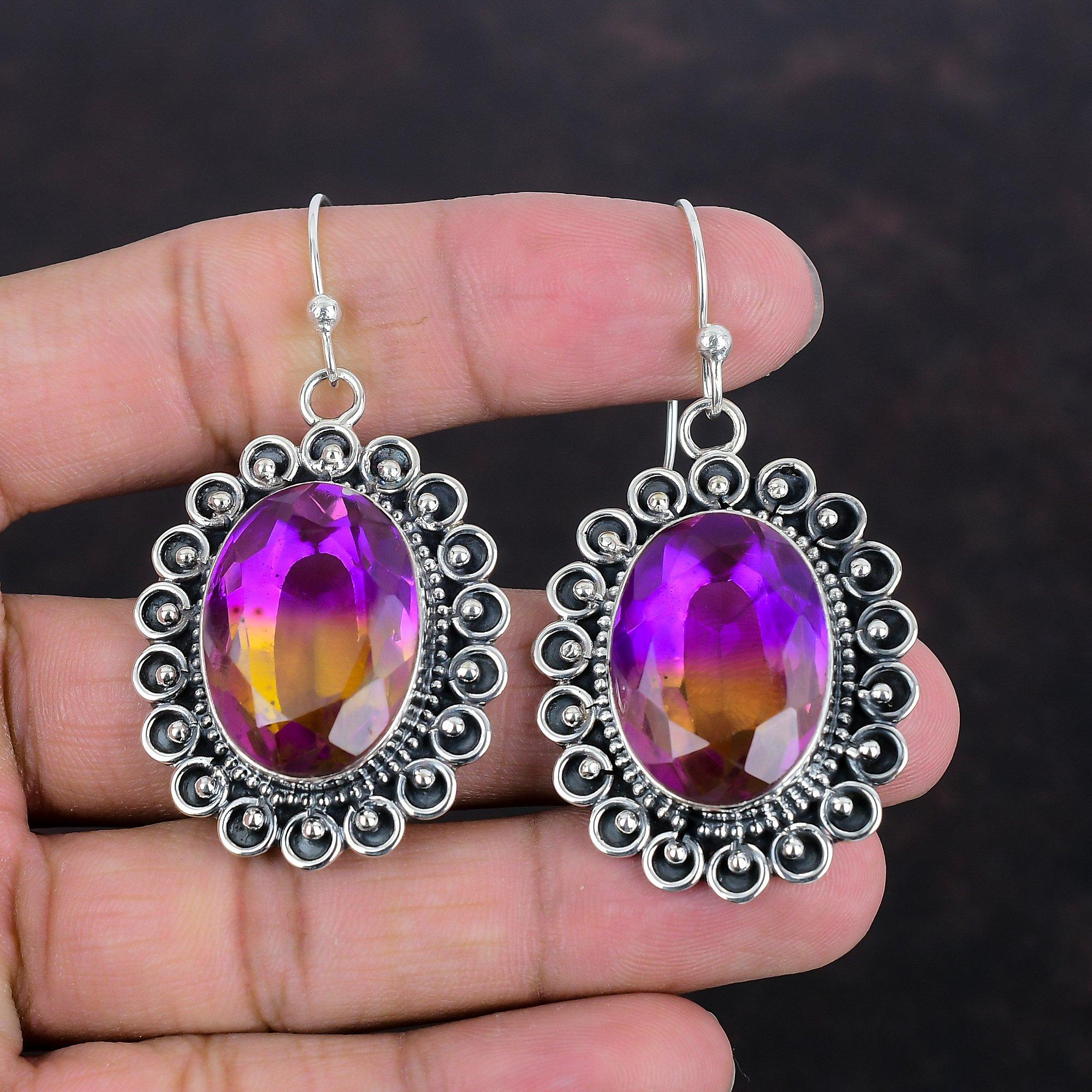 Серьги с граненым аметрином, серьги с натуральным драгоценным камнем, потрясающие ювелирные изделия, серьги из стерлингового серебра 925 пробы, ювелирные изделия ручной работы, висячие серьги, подарки для нее