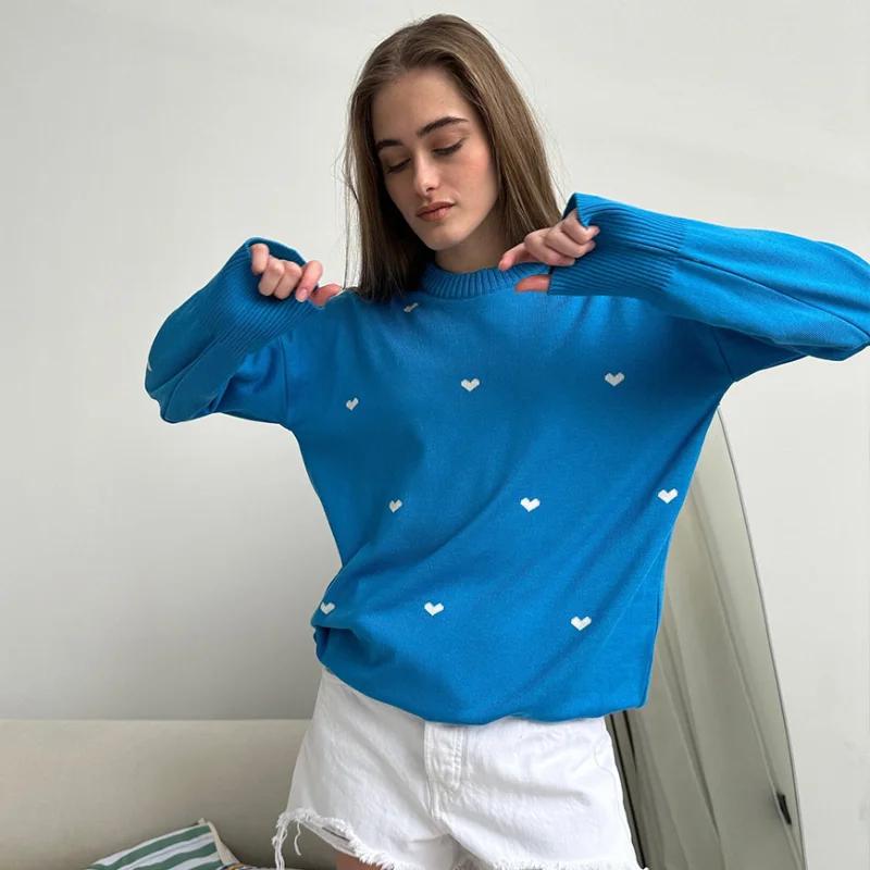 Fashion Love Print Knit Sweater Autumn and Winter Women's Loose O-neck Commuting Base Outerwear Casual Long Sleeved Sweater